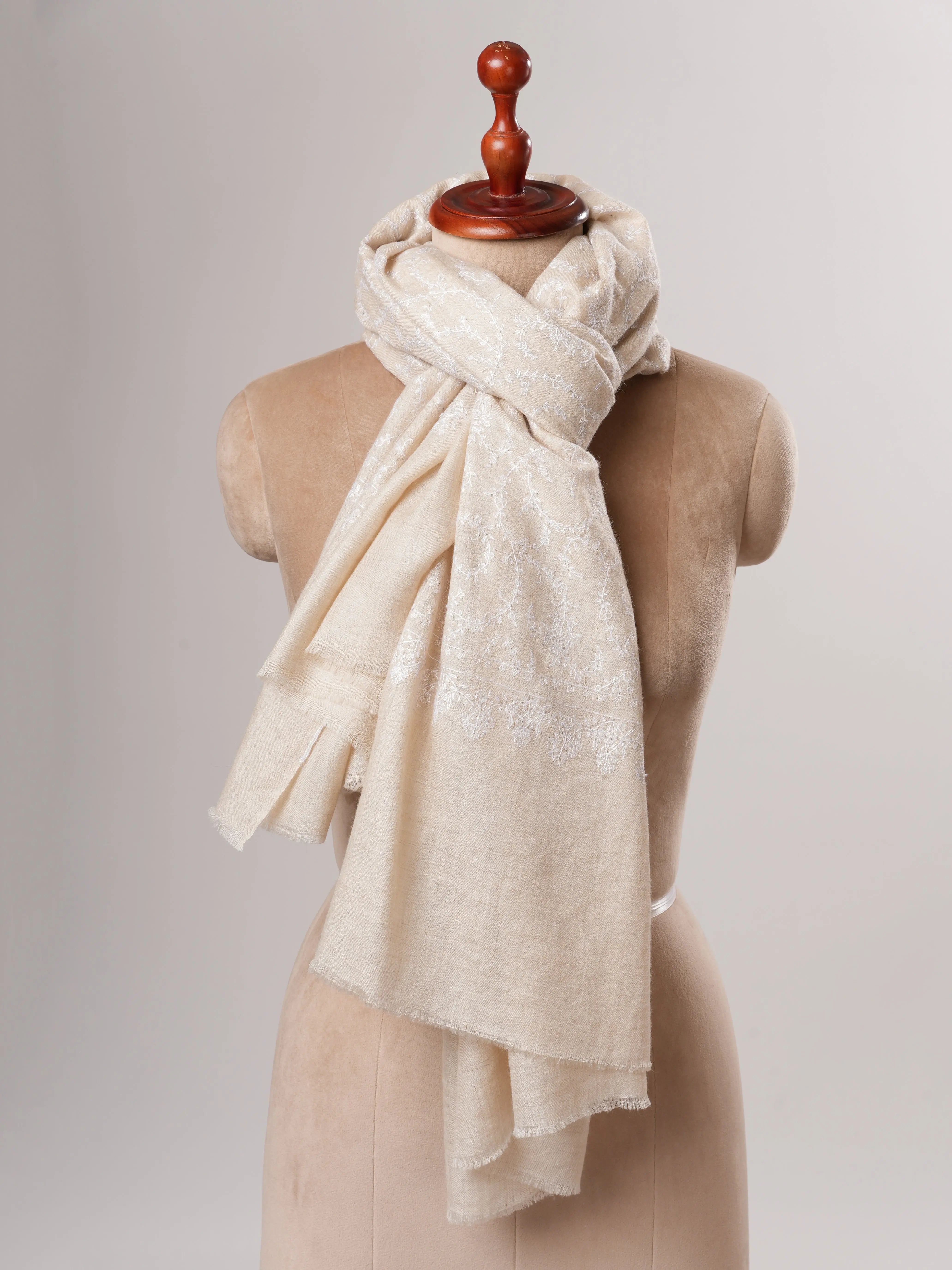 Ivory Handwoven Baby Soft Pure Pashmina Shawl with White Embroidery Shahkaar