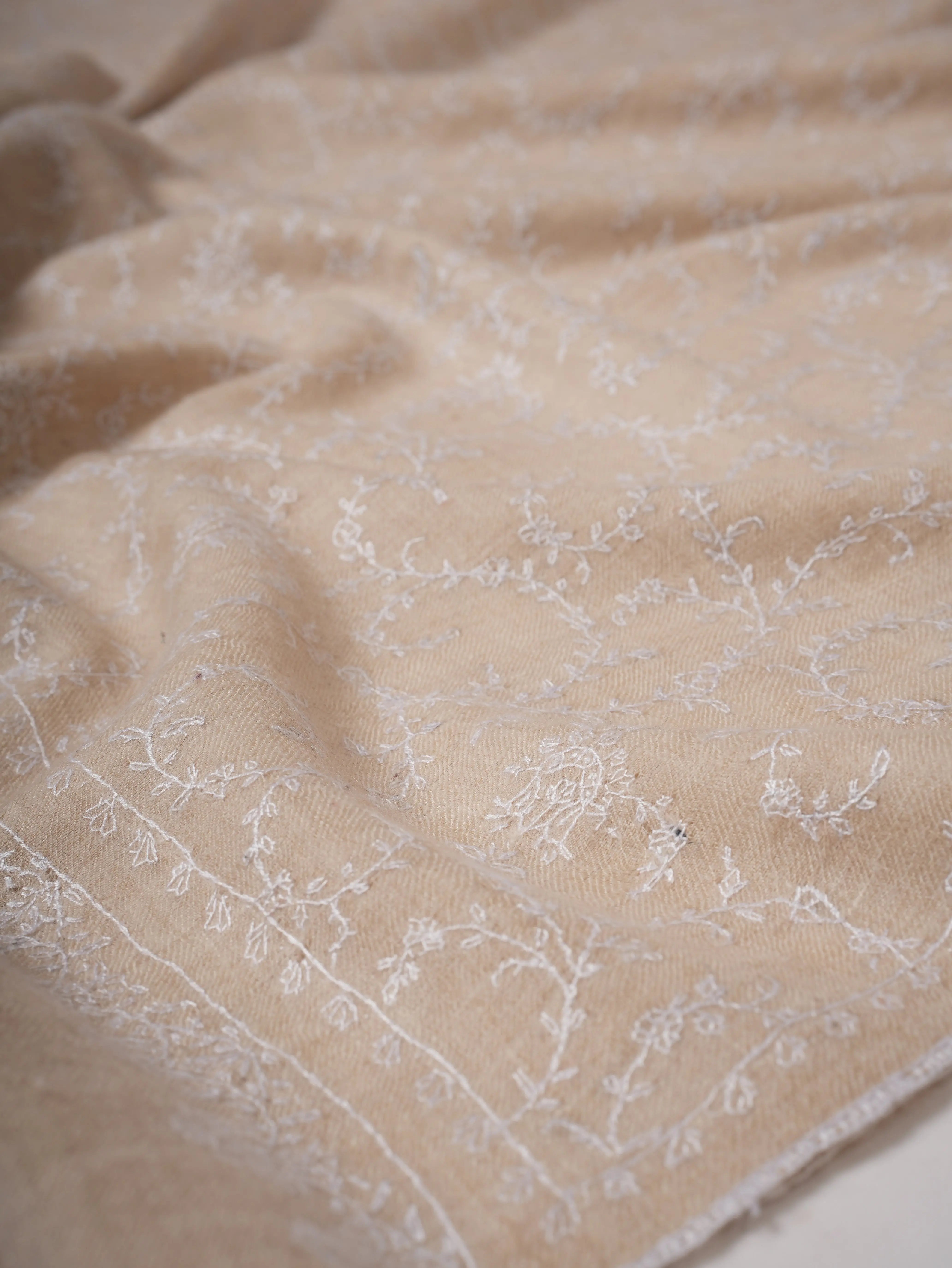Ivory Handwoven Baby Soft Pure Pashmina Shawl with White Embroidery Shahkaar