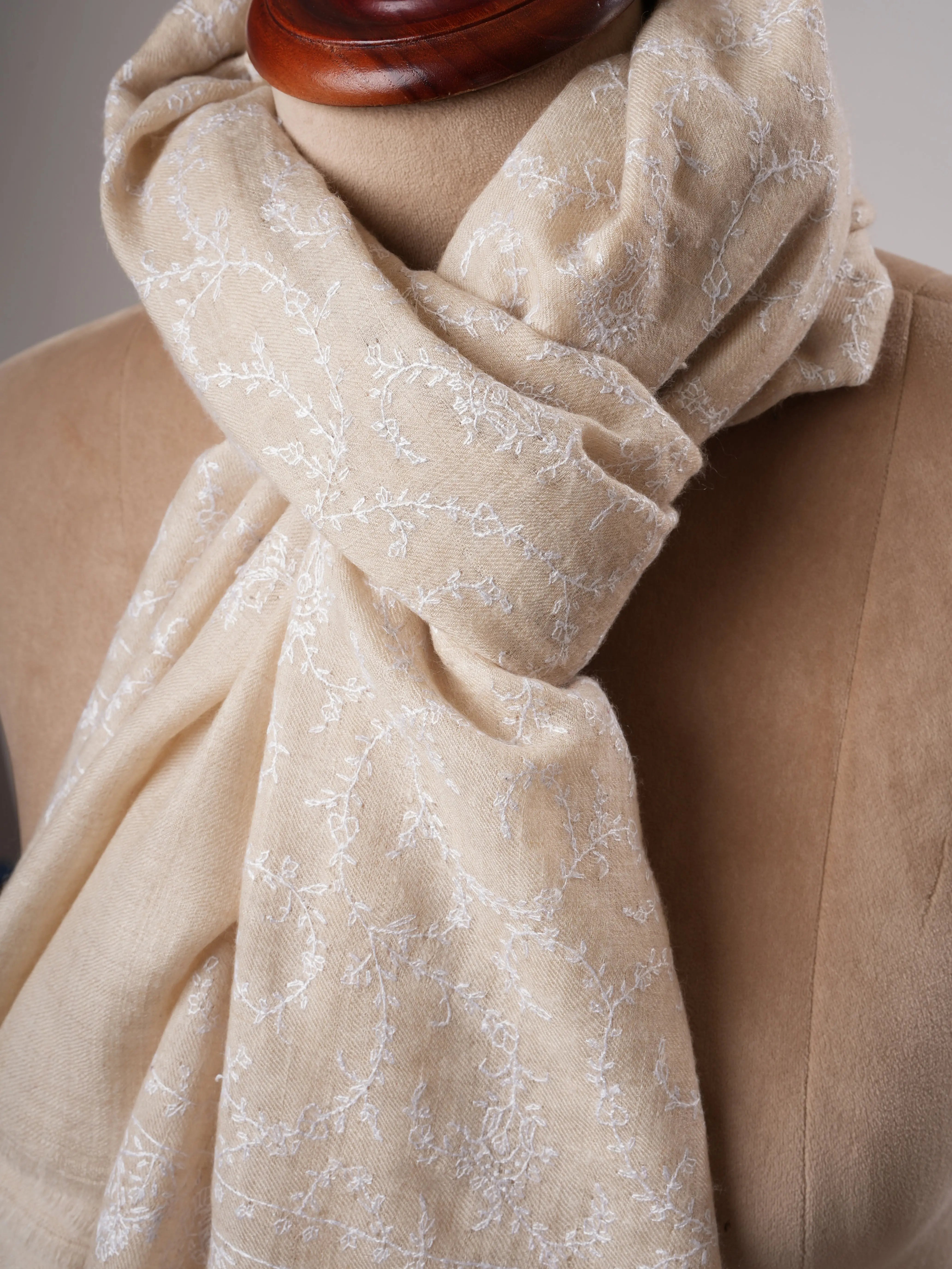 Ivory Handwoven Baby Soft Pure Pashmina Shawl with White Embroidery Shahkaar
