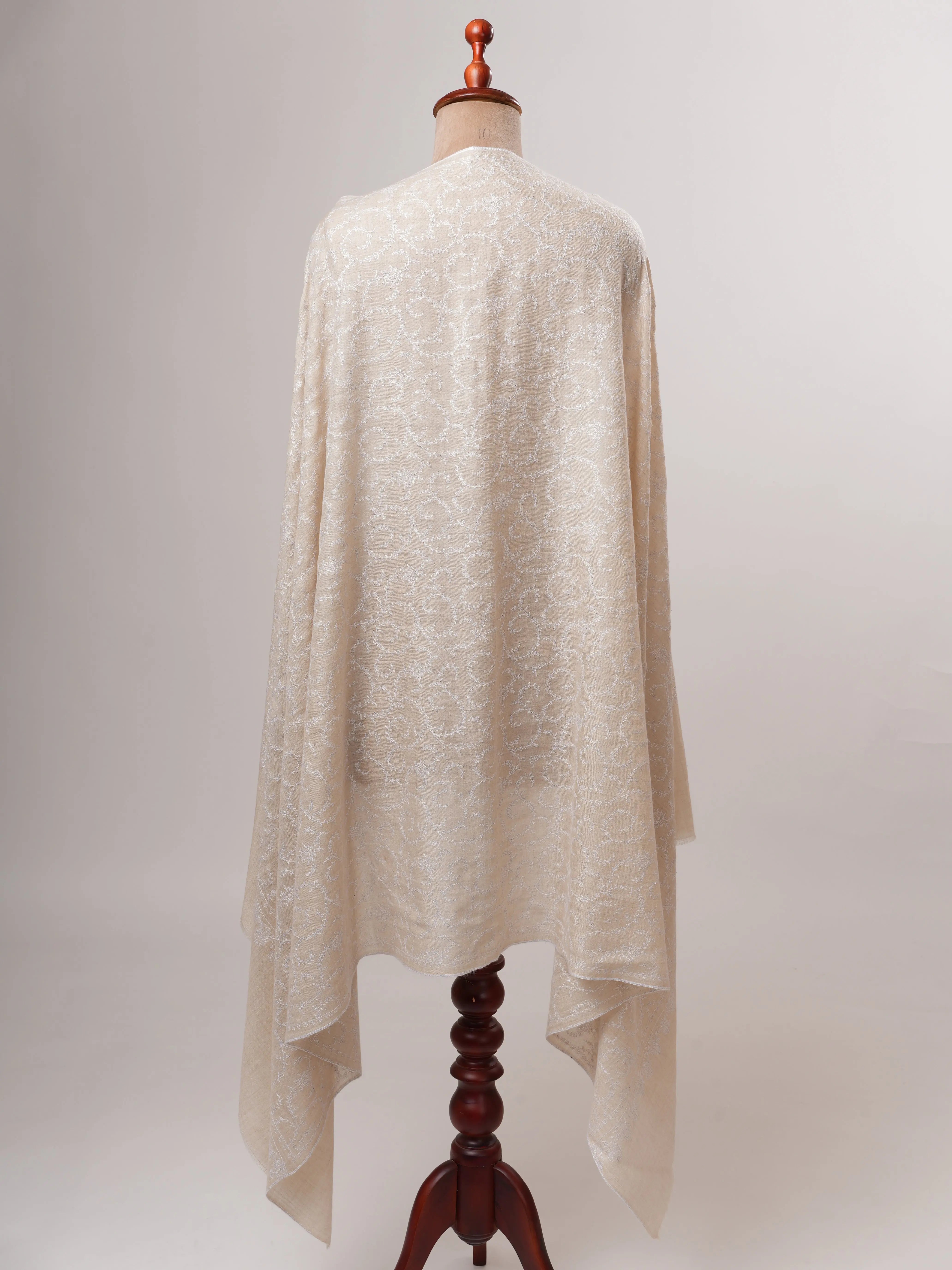 Ivory Handwoven Baby Soft Pure Pashmina Shawl with White Embroidery Shahkaar