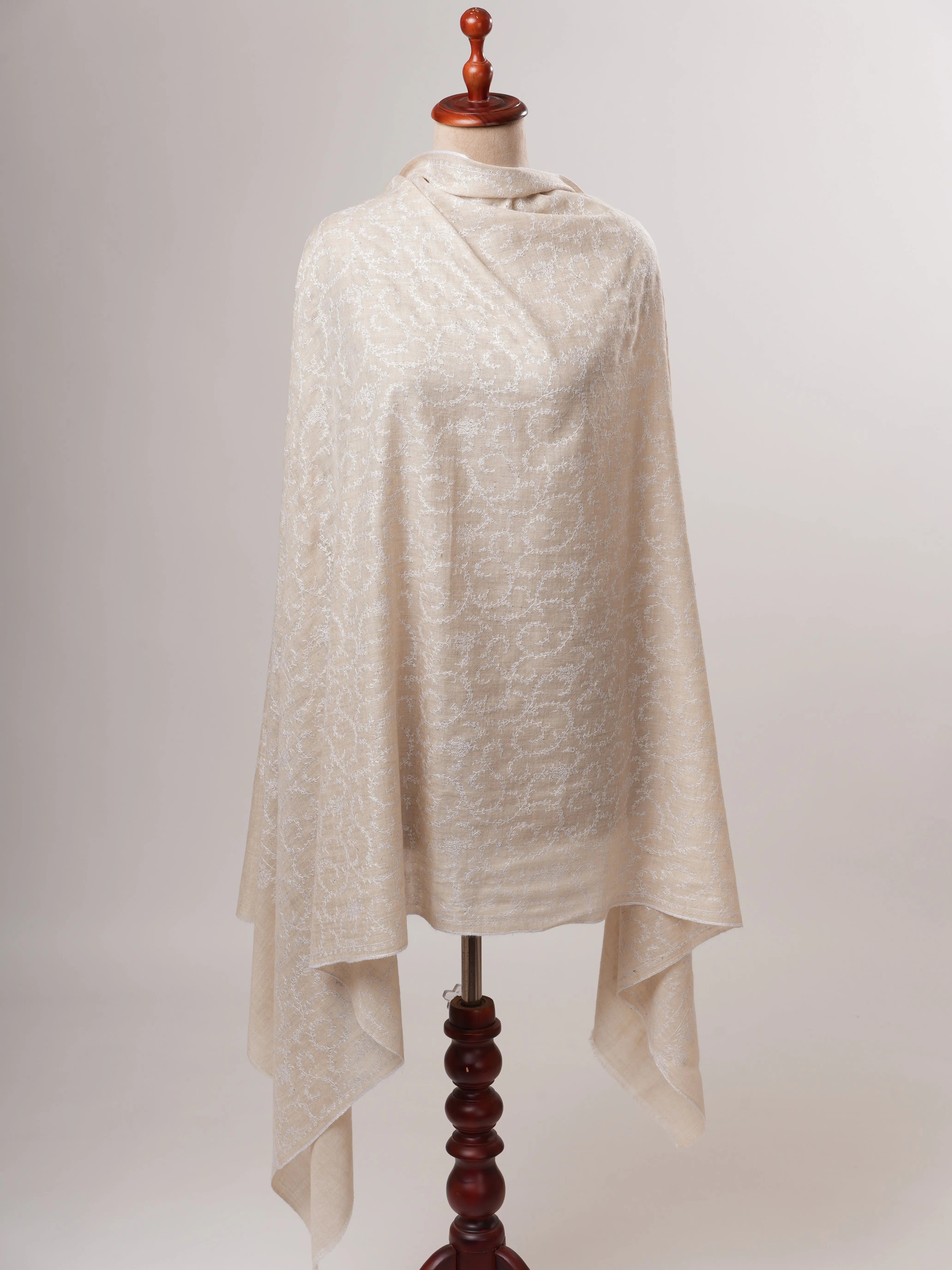 Ivory Handwoven Baby Soft Pure Pashmina Shawl with White Embroidery Shahkaar