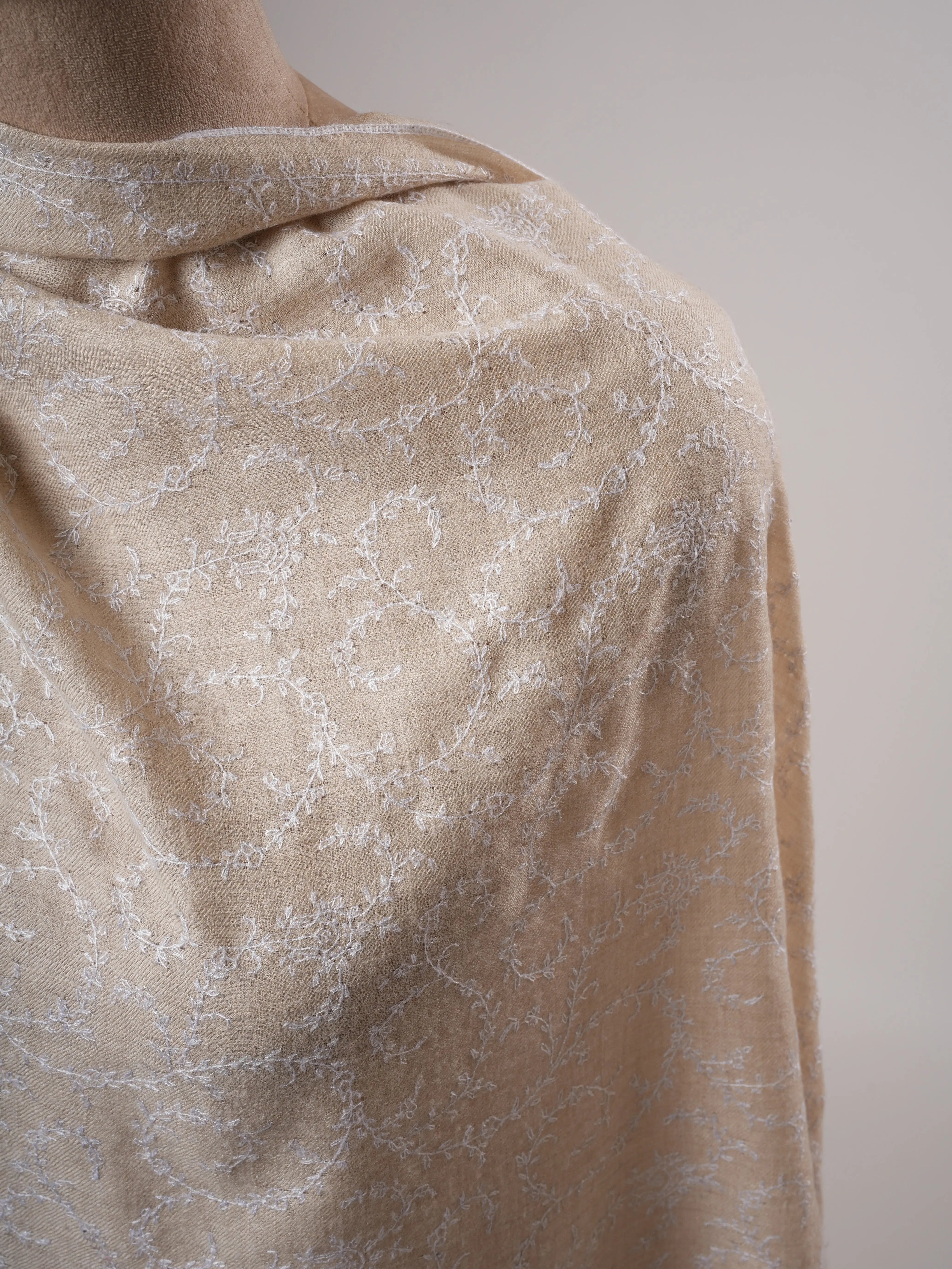 Ivory Handwoven Baby Soft Pure Pashmina Shawl with White Embroidery Shahkaar