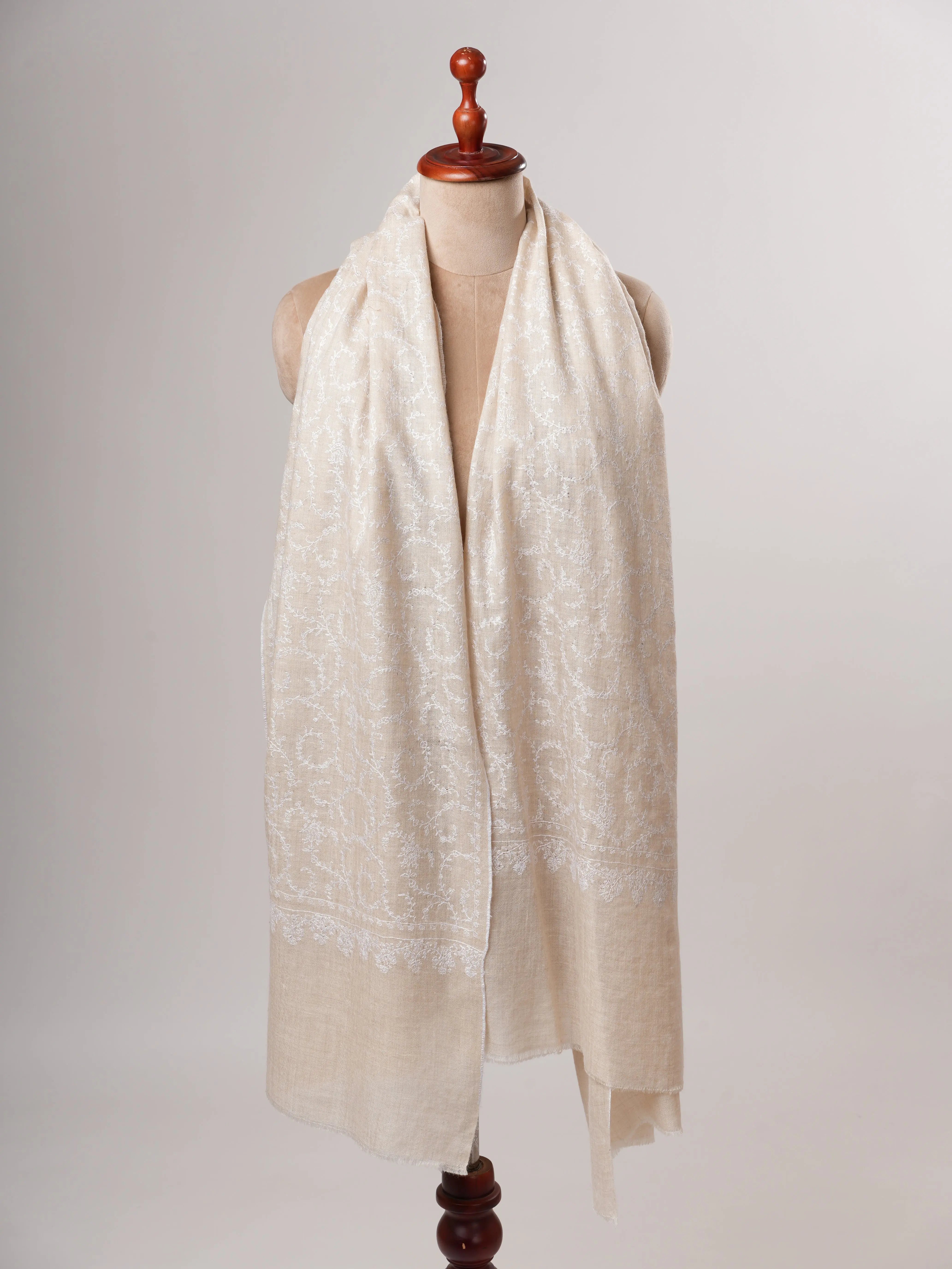 Ivory Handwoven Baby Soft Pure Pashmina Shawl with White Embroidery Shahkaar