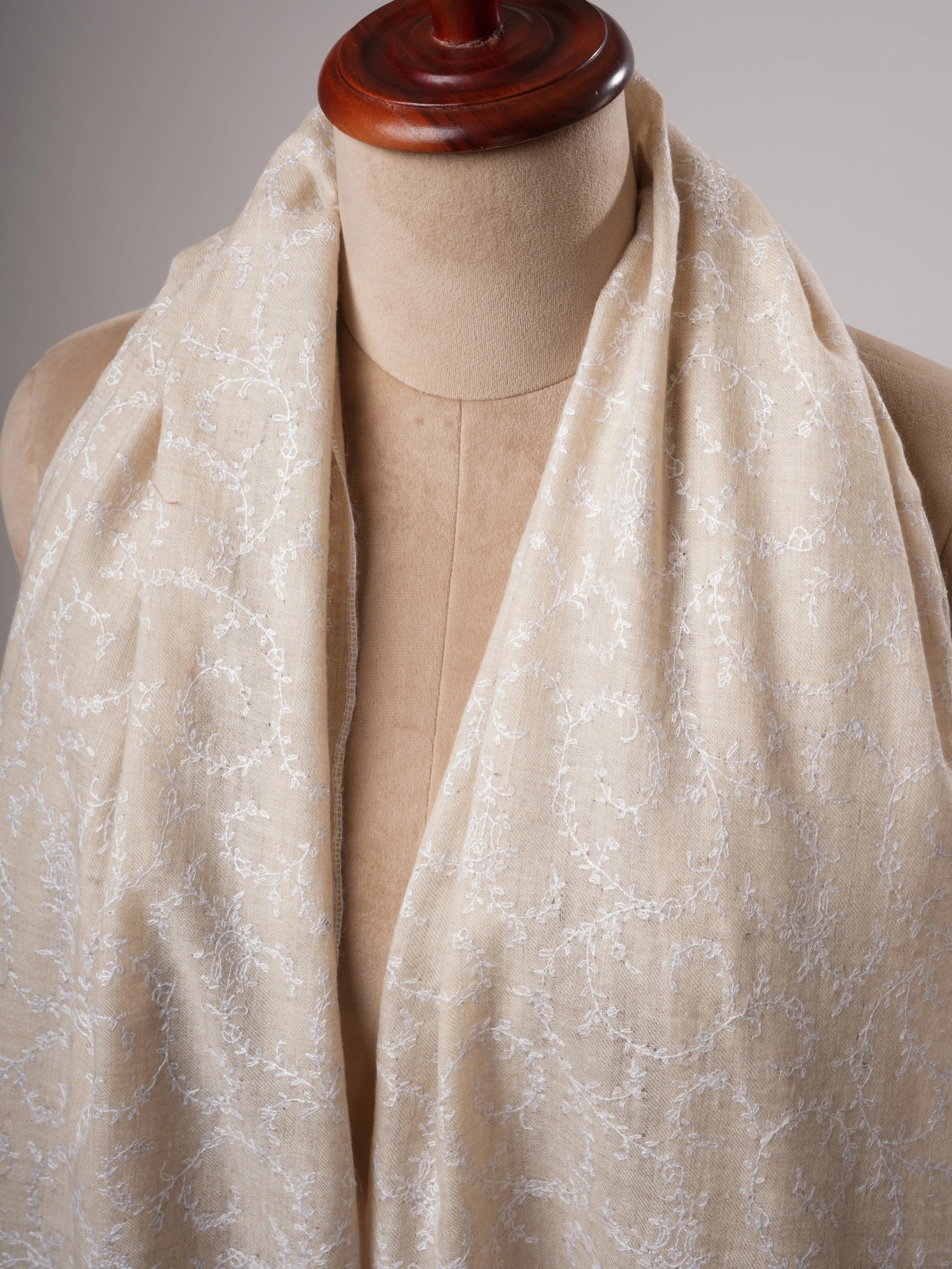 Ivory Handwoven Baby Soft Pure Pashmina Shawl with White Embroidery Shahkaar