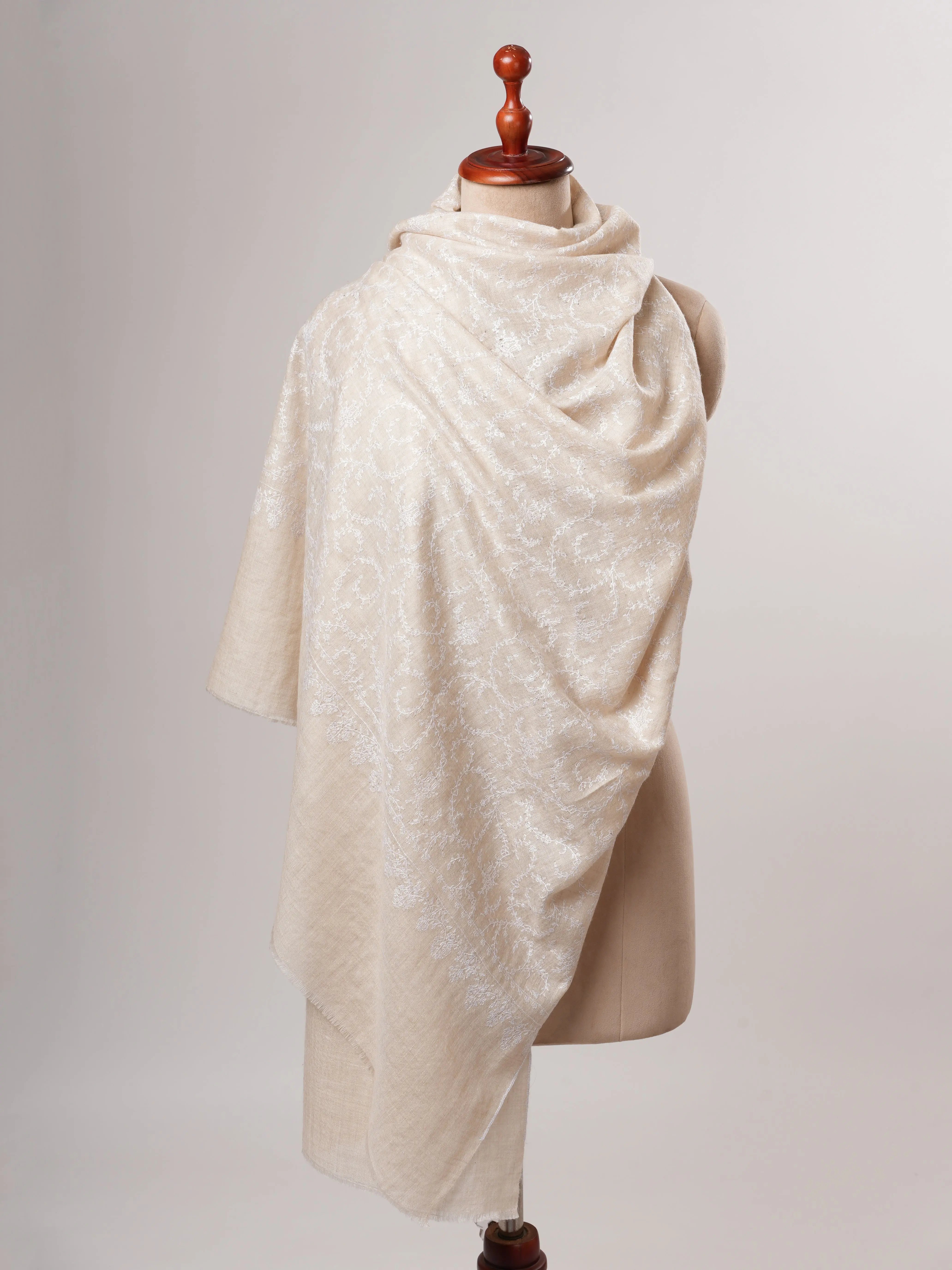 Ivory Handwoven Baby Soft Pure Pashmina Shawl with White Embroidery Shahkaar