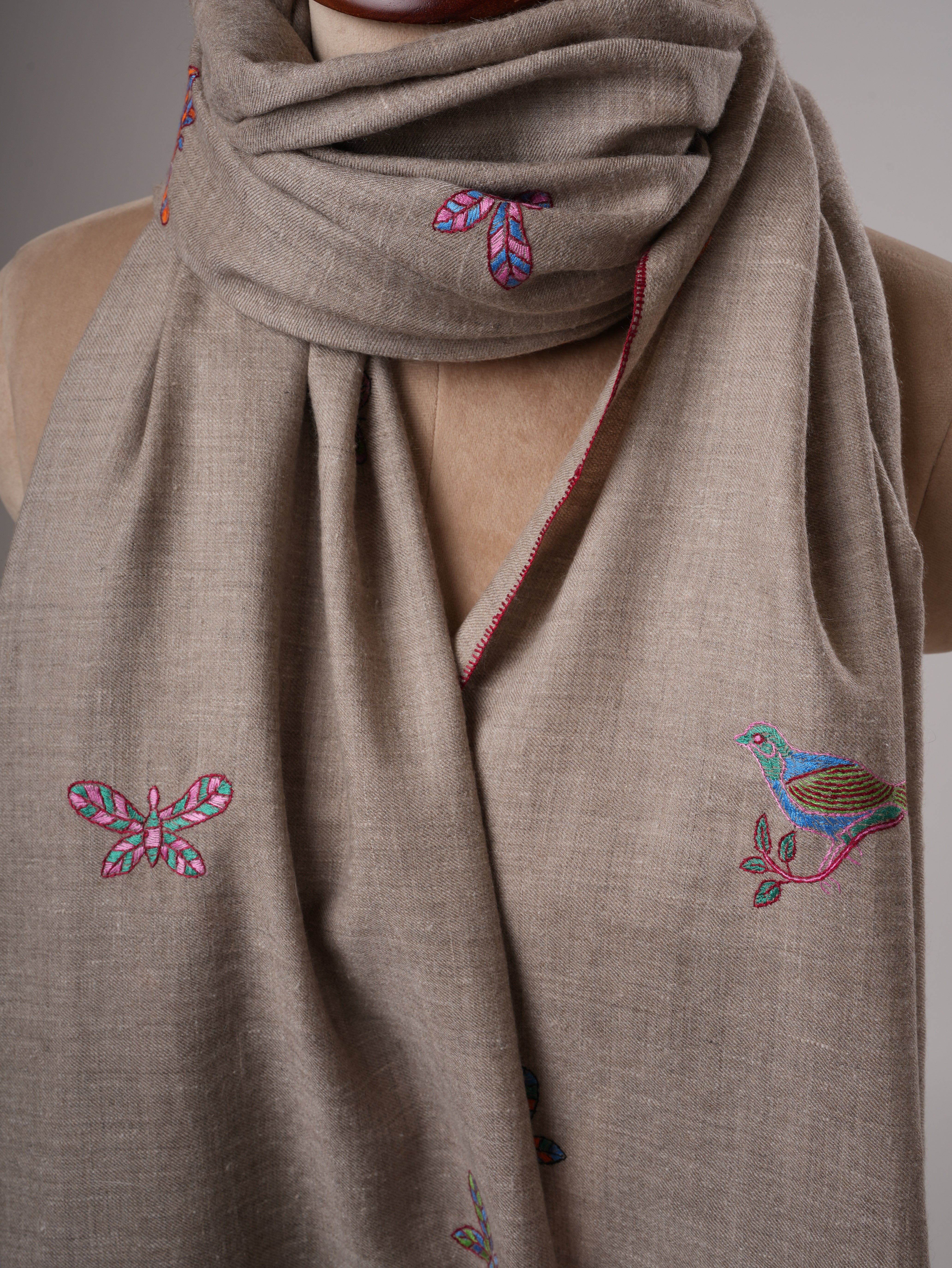 Handwoven Baby Soft Pashmina Shawl with Butterfly Sparrow Embroidery Shahkaar