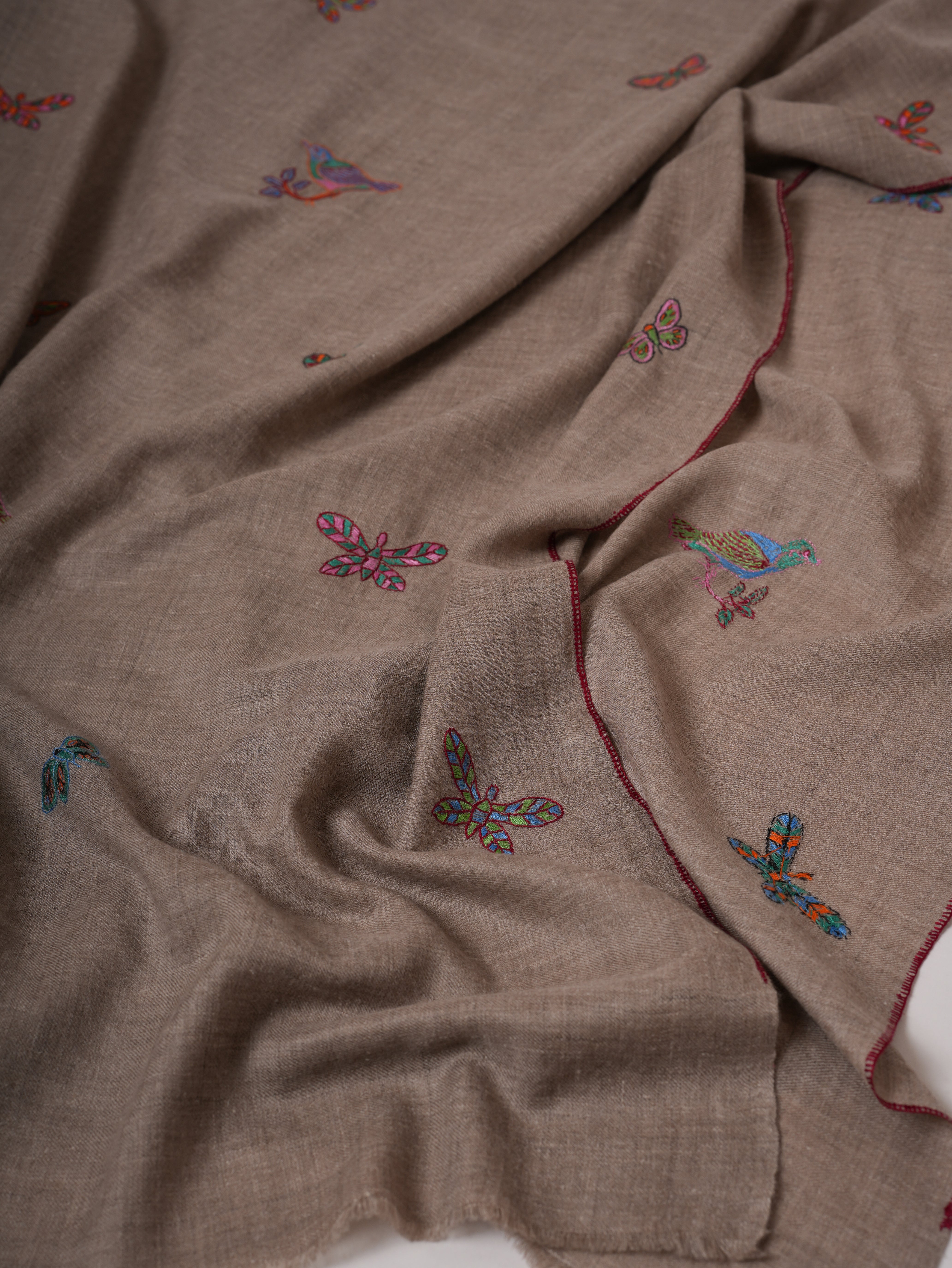 Handwoven Baby Soft Pashmina Shawl with Butterfly Sparrow Embroidery Shahkaar
