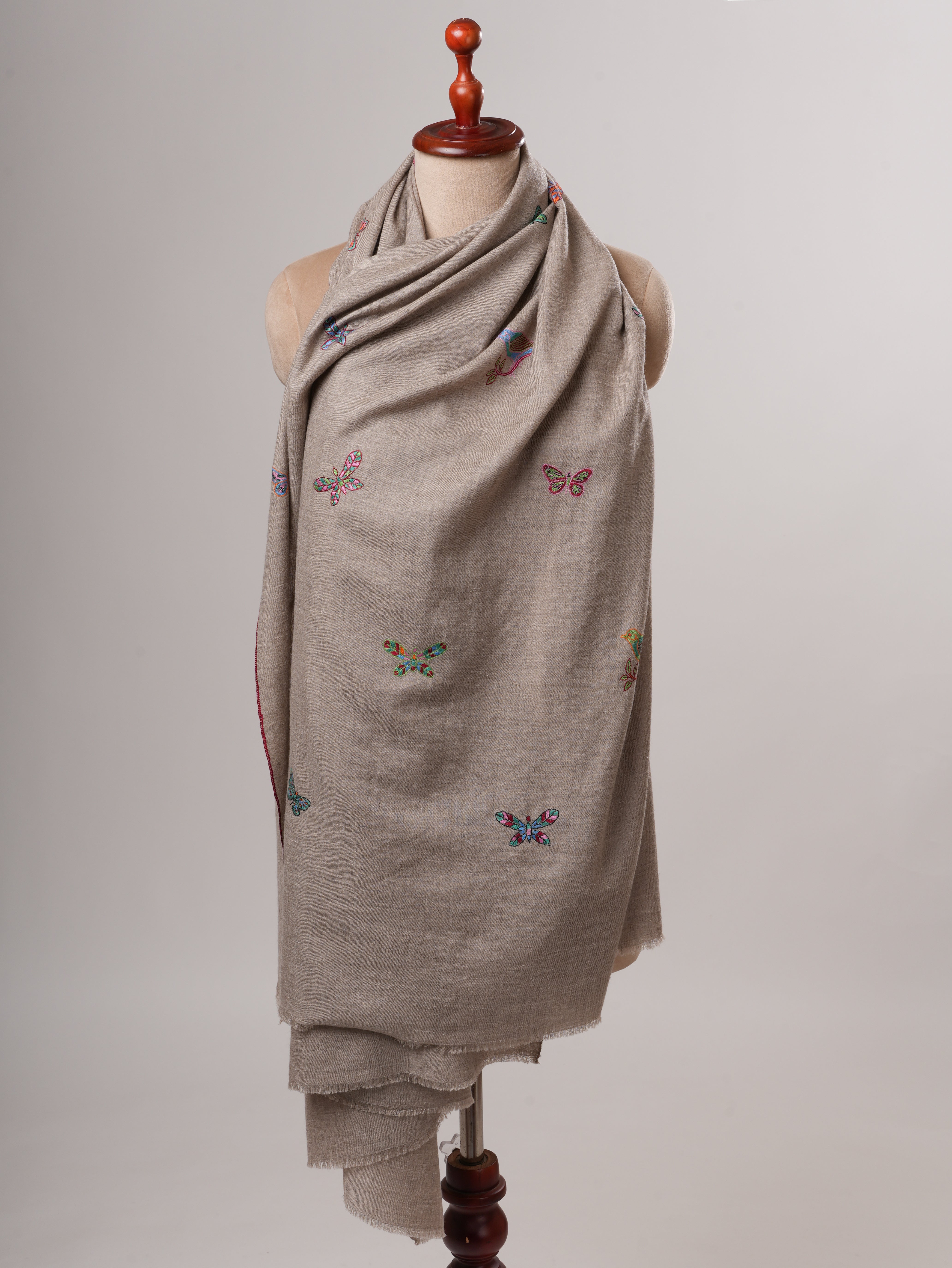 Handwoven Baby Soft Pashmina Shawl with Butterfly Sparrow Embroidery Shahkaar