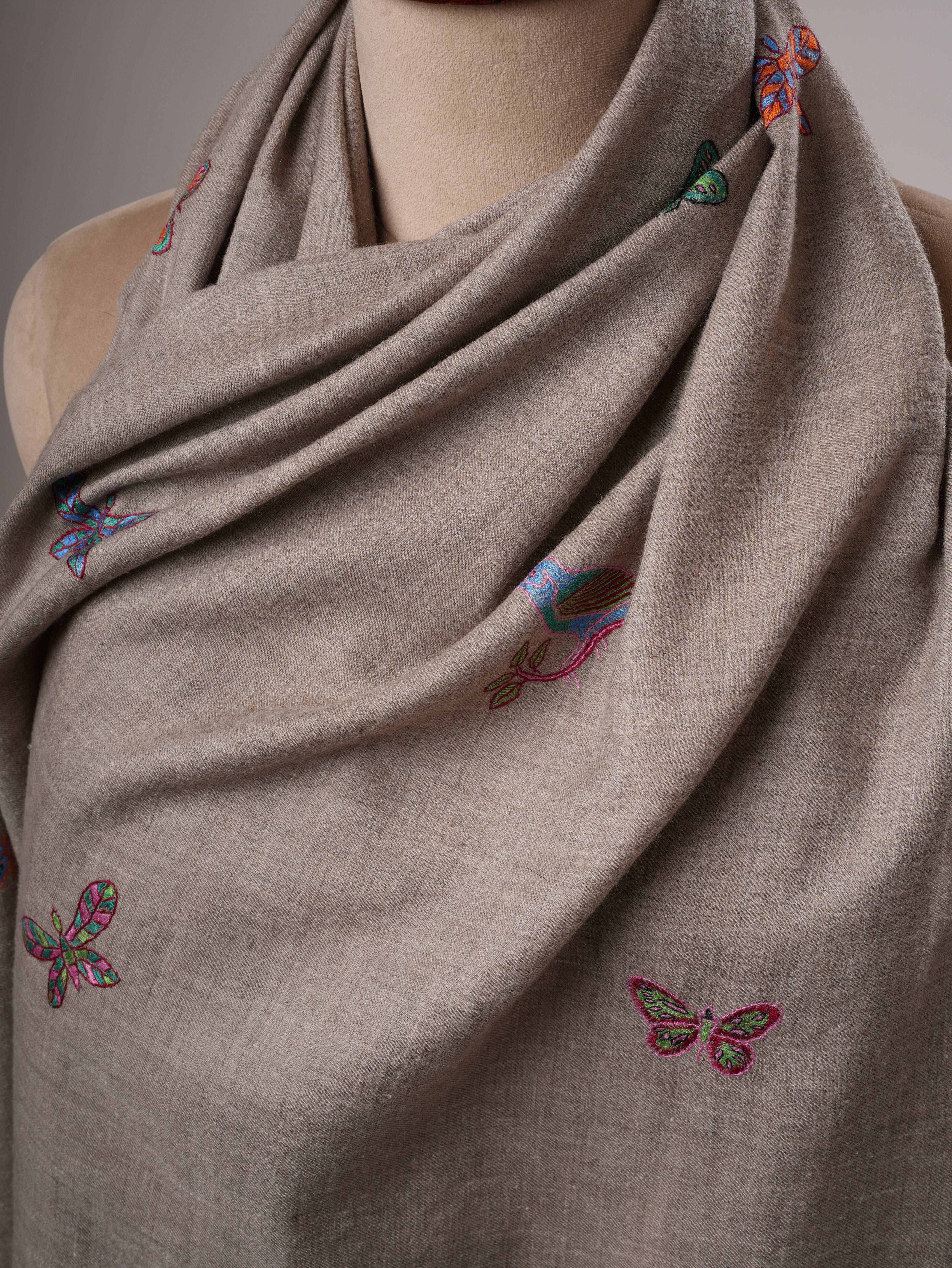 Handwoven Baby Soft Pashmina Shawl with Butterfly Sparrow Embroidery Shahkaar