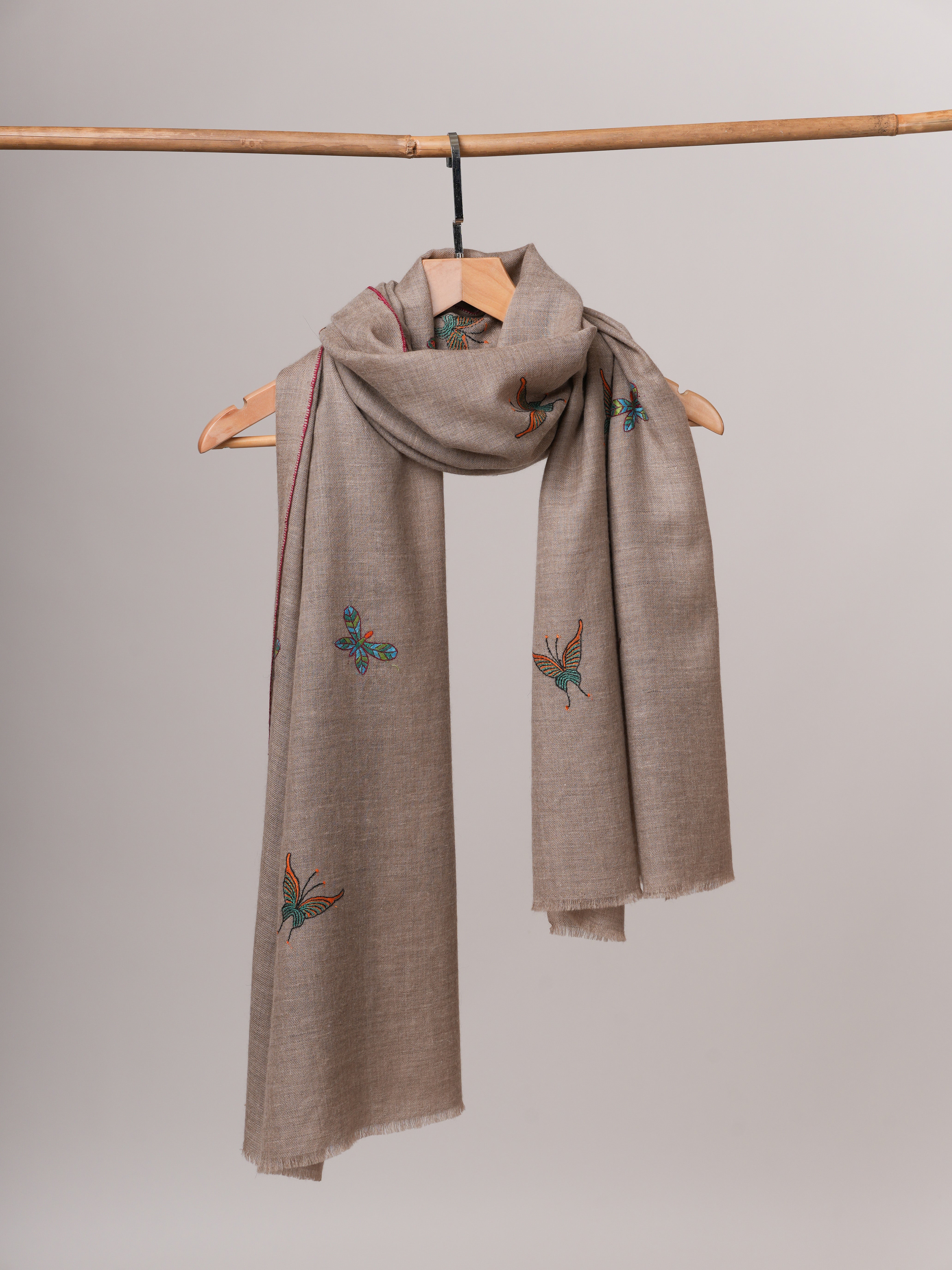Handwoven Natural Grey Cashmere Scarf with Butterfly Embroidery Shahkaar