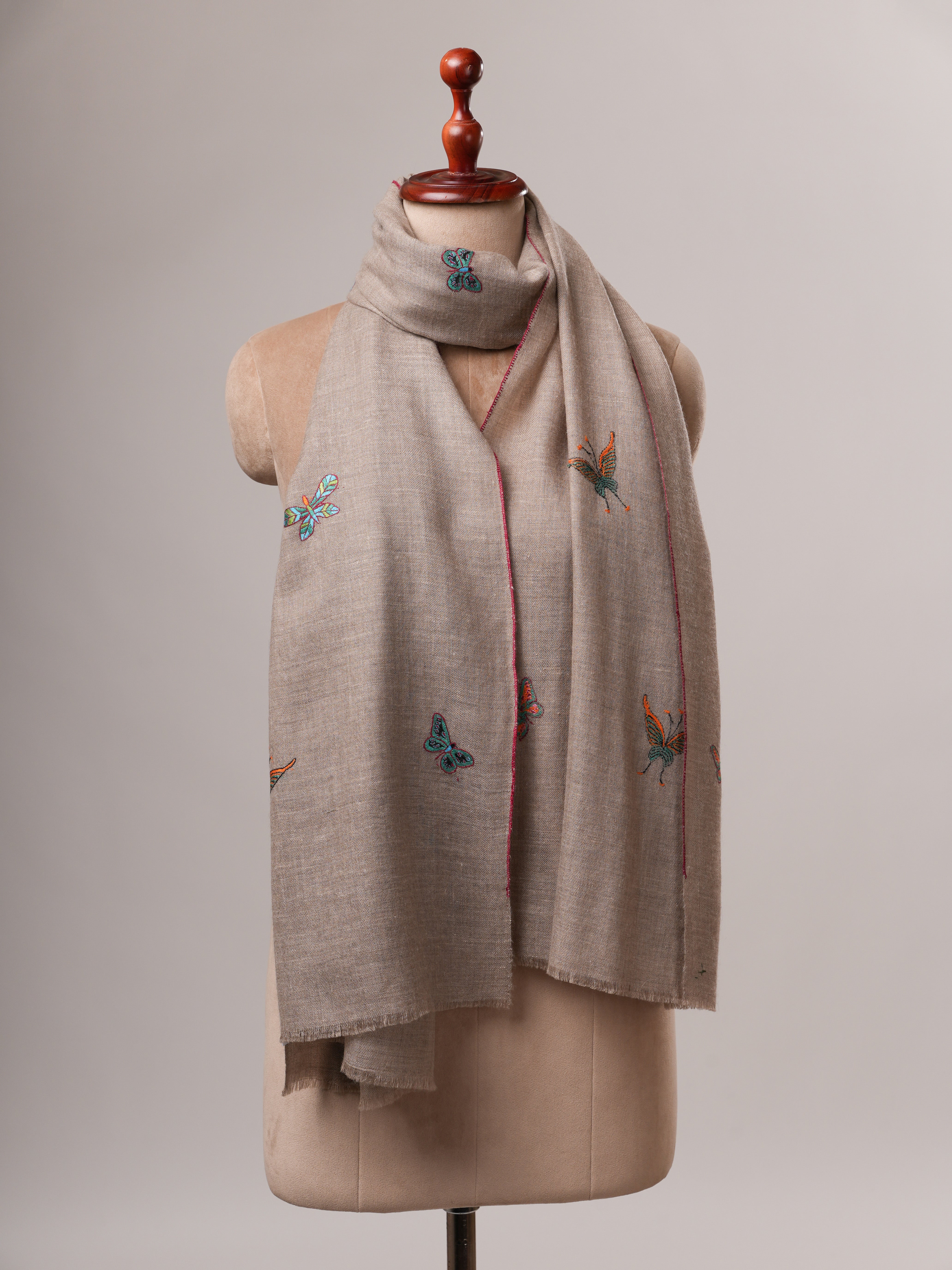 Handwoven Natural Grey Cashmere Scarf with Butterfly Embroidery Shahkaar