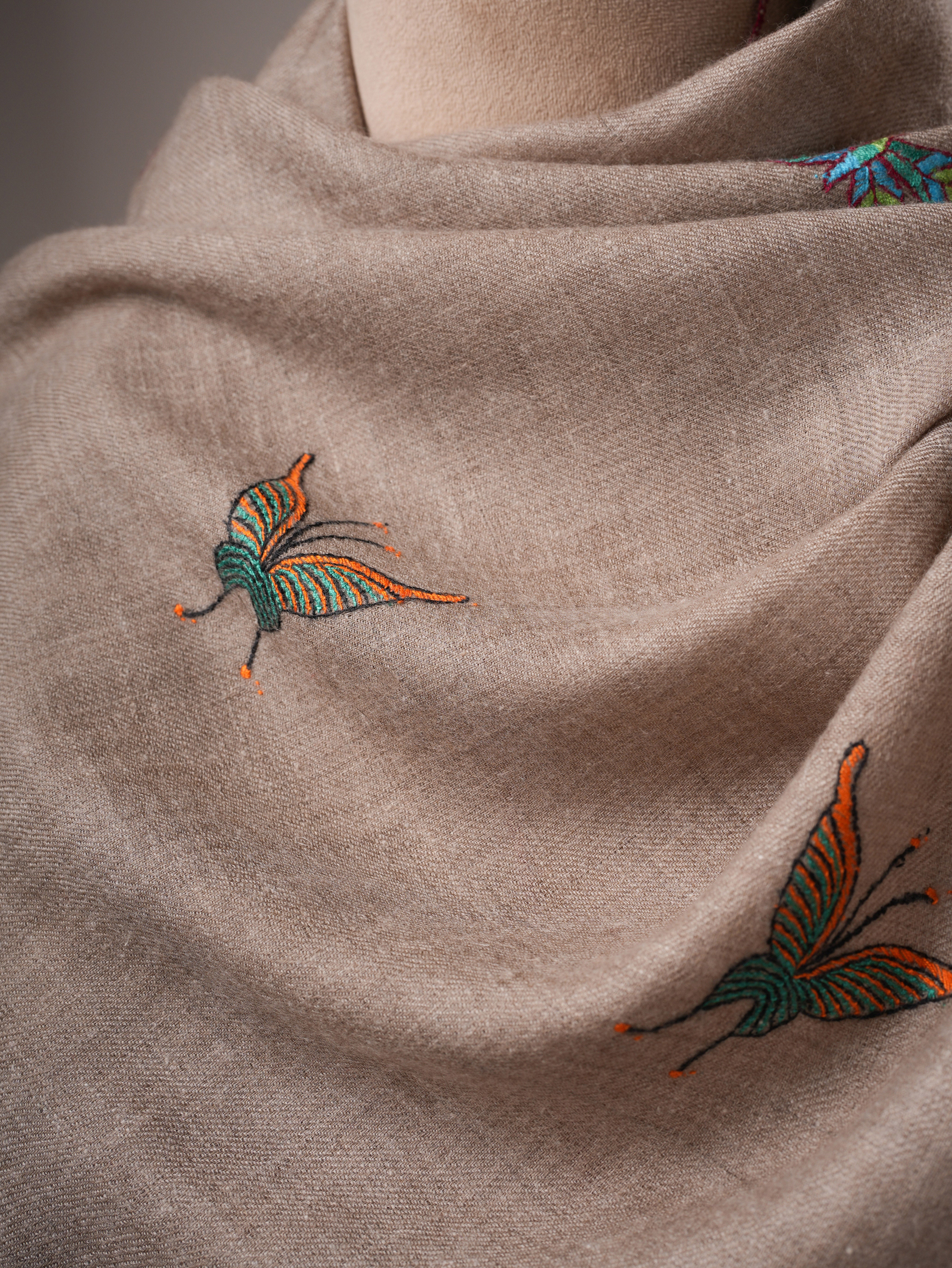 Handwoven Natural Grey Cashmere Scarf with Butterfly Embroidery Shahkaar
