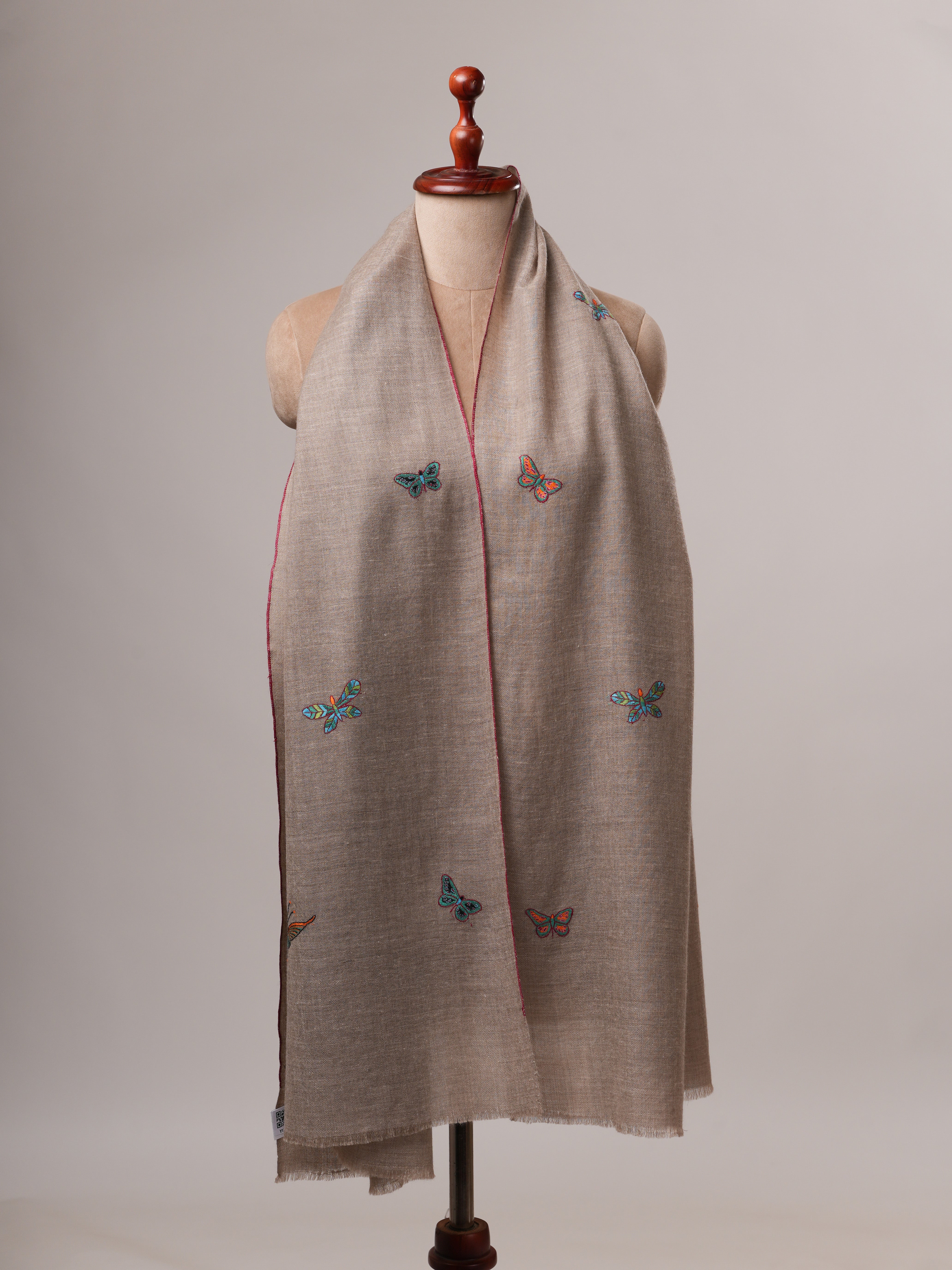 Handwoven Natural Grey Cashmere Scarf with Butterfly Embroidery Shahkaar