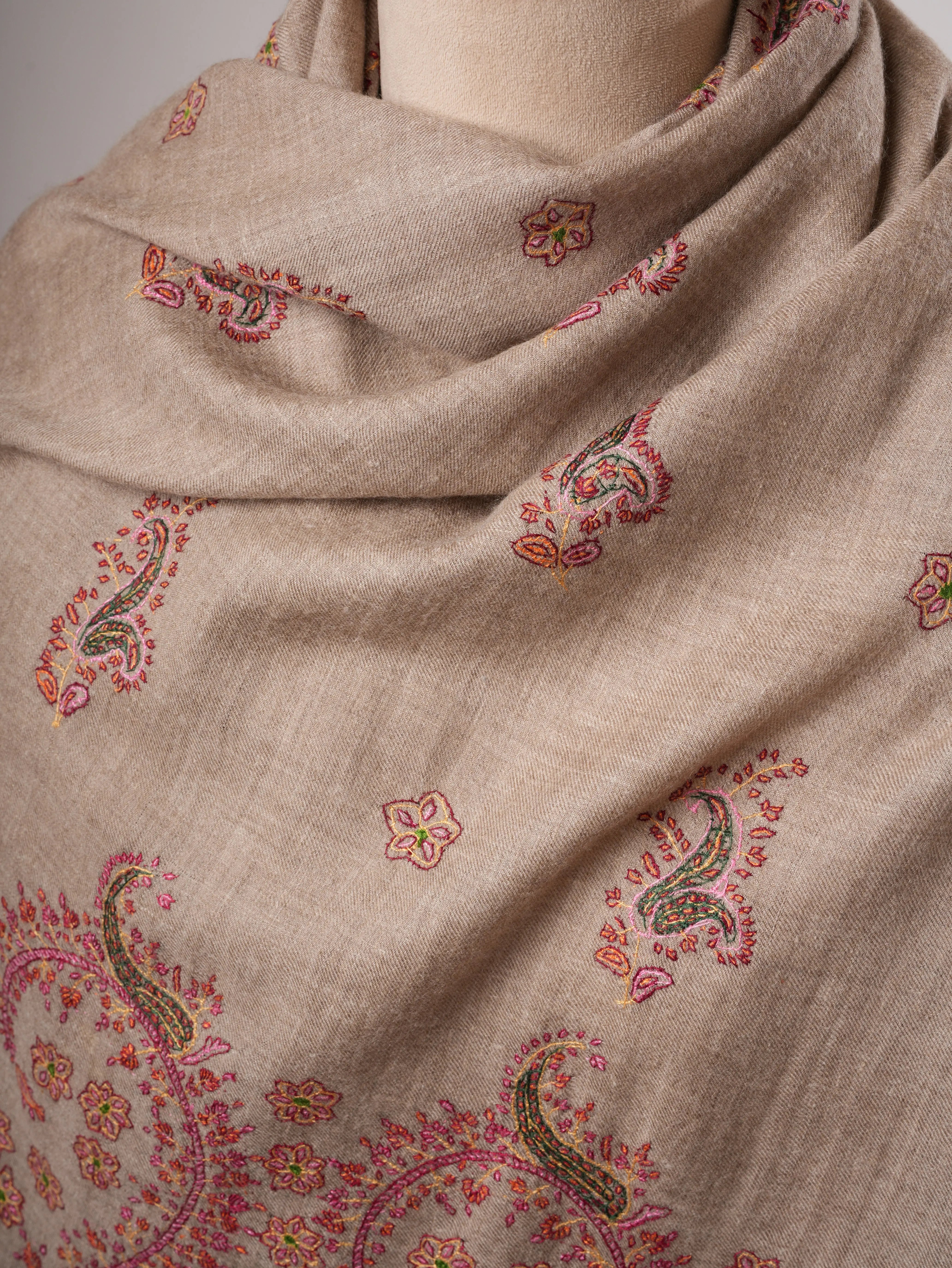 Grey Pashmina Shawl – Handwoven with Sozni Embroidery Shahkaar