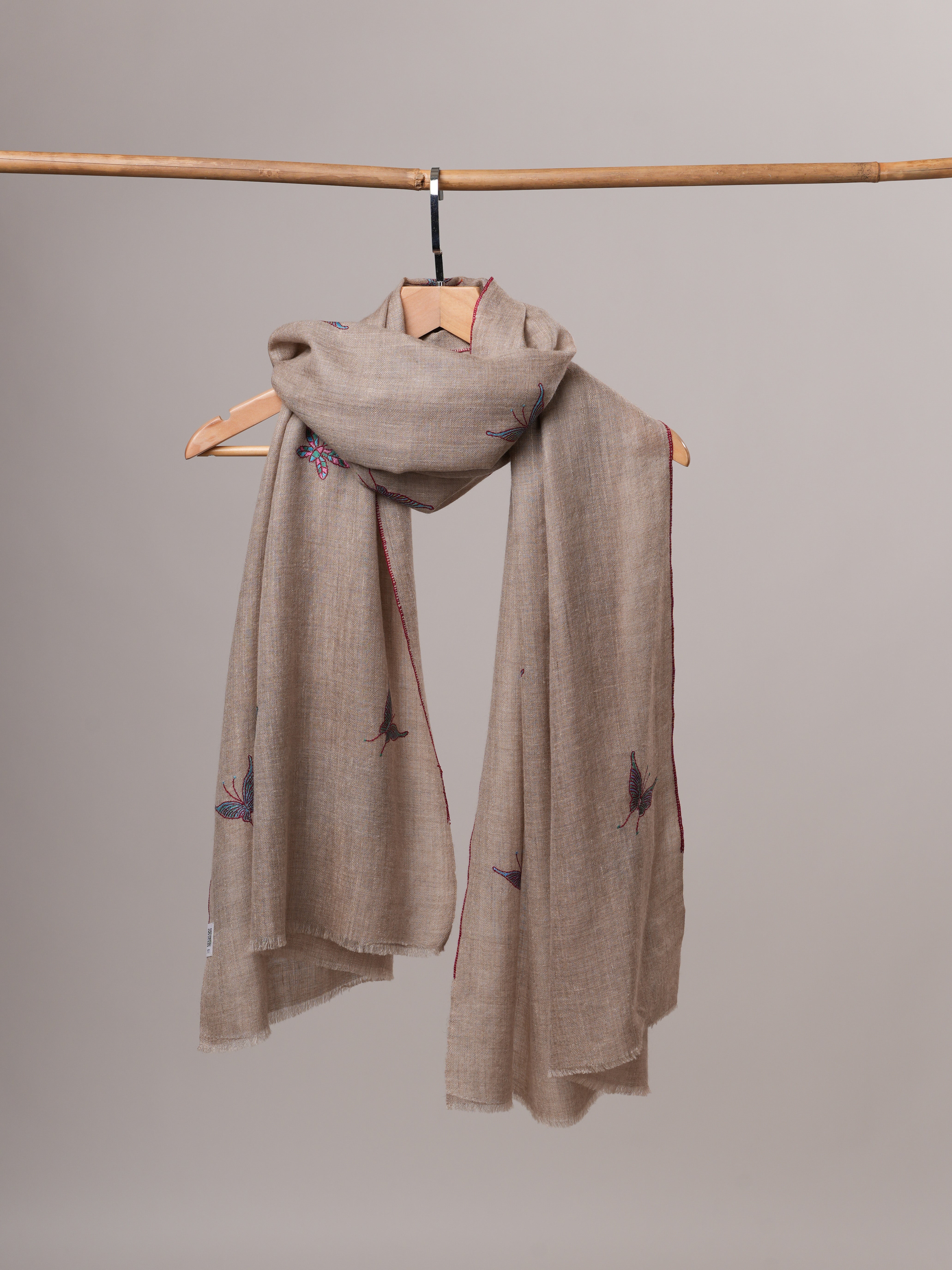 Contemporary Handwoven Cashmere Scarf with Butterfly Motifs Shahkaar