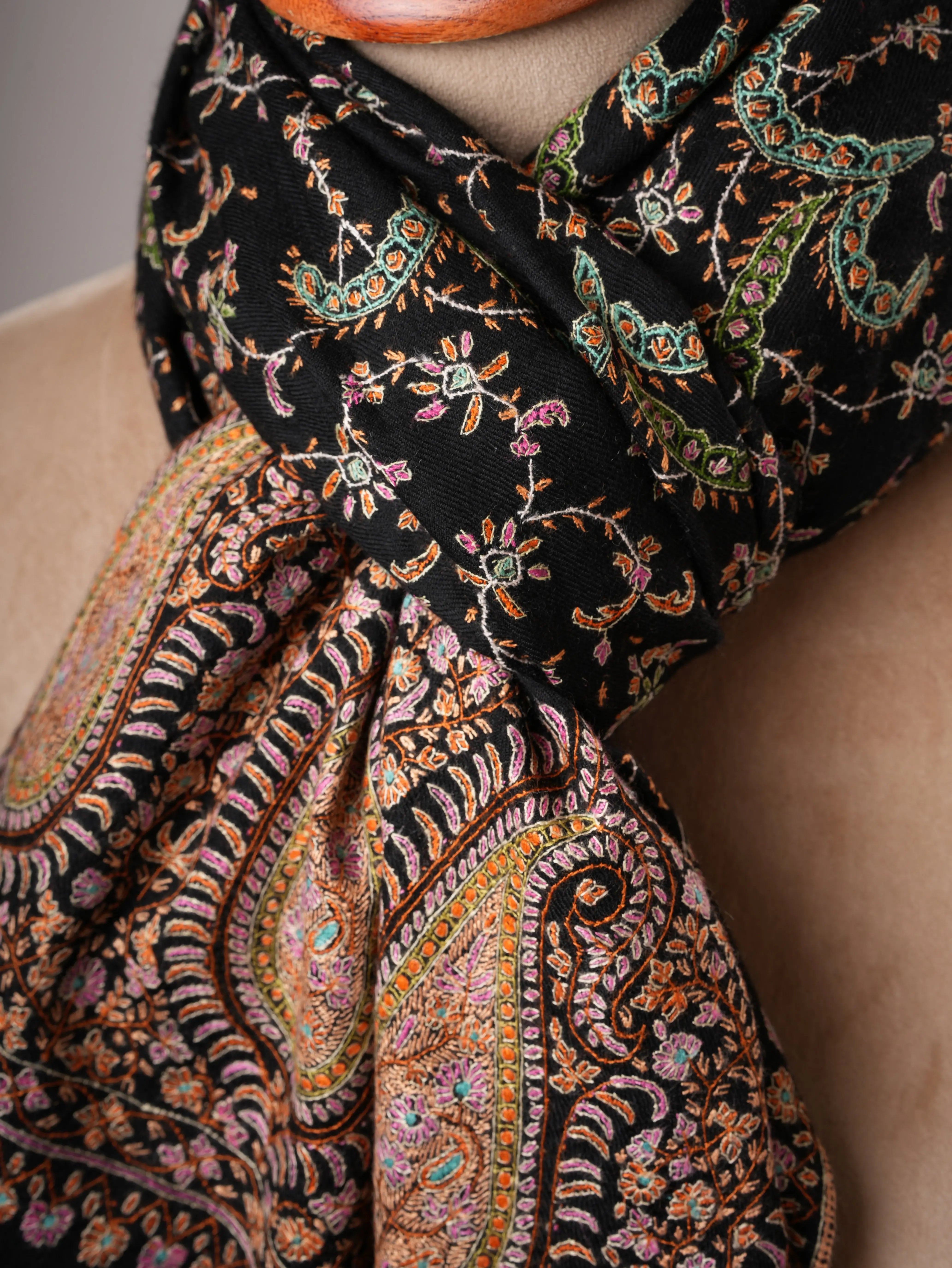 Black Artisanal Pashmina Shawl with Delicate Hand Embroidery Shahkaar