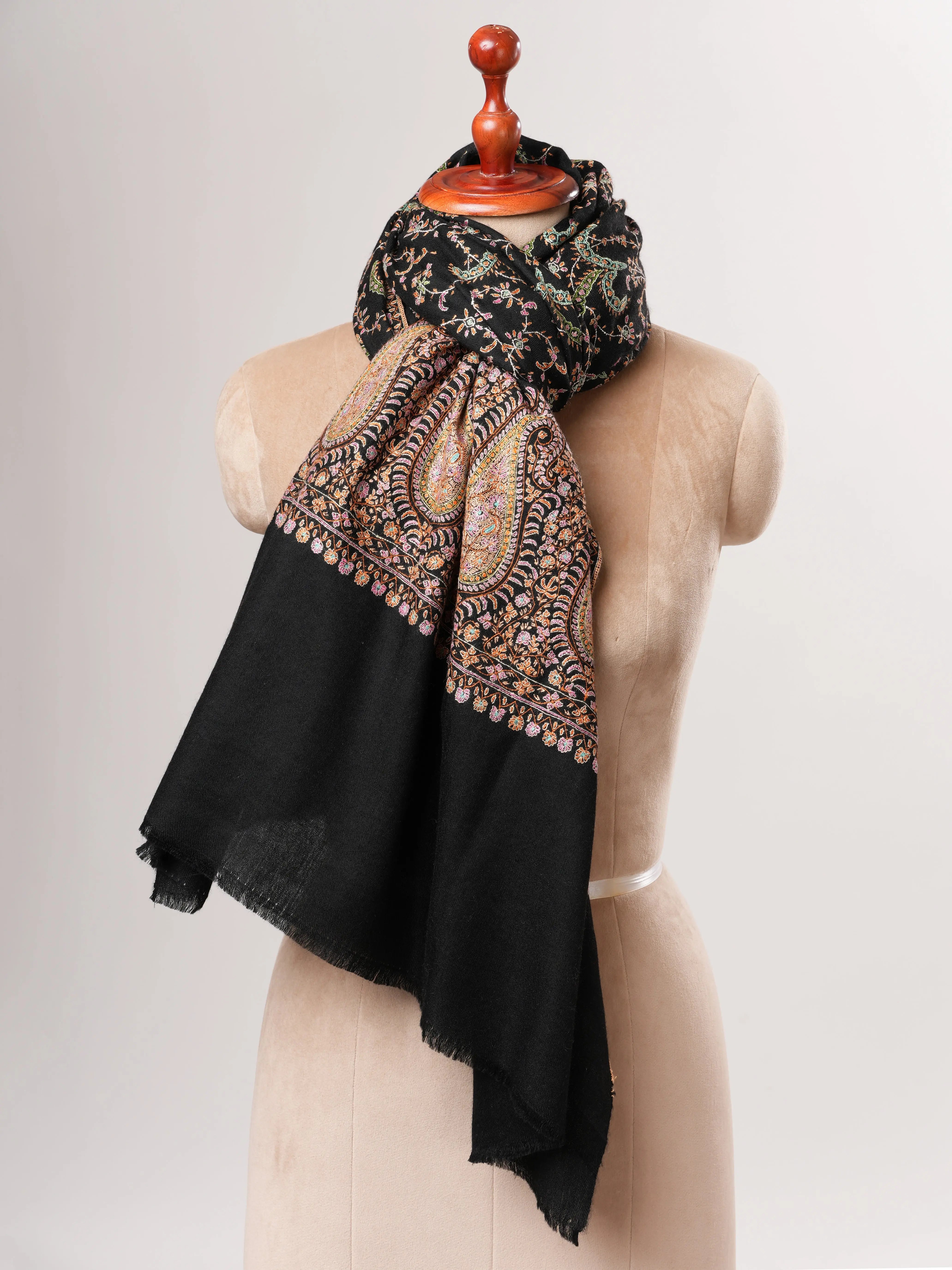 Black Artisanal Pashmina Shawl with Delicate Hand Embroidery Shahkaar