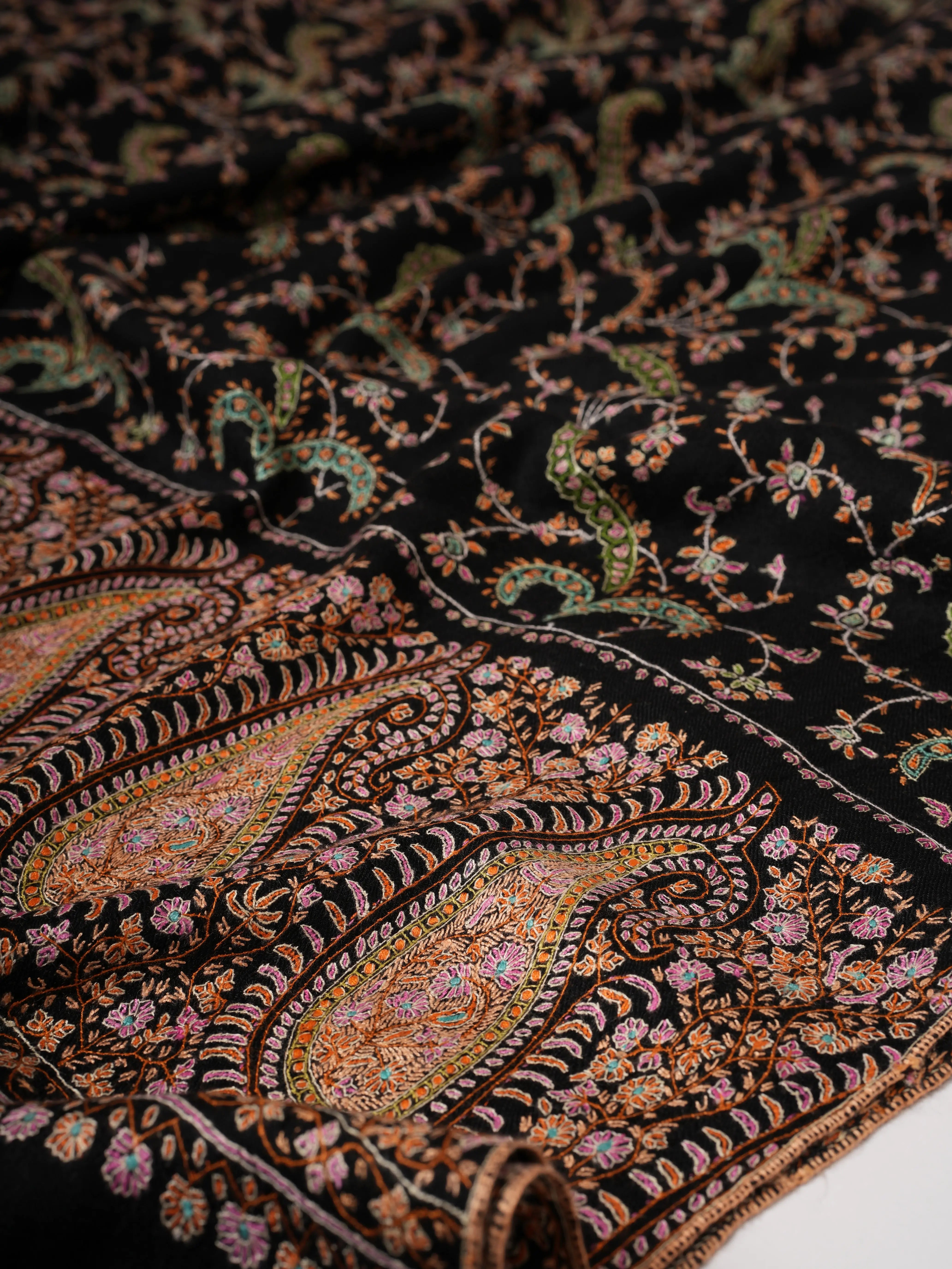 Black Artisanal Pashmina Shawl with Delicate Hand Embroidery Shahkaar