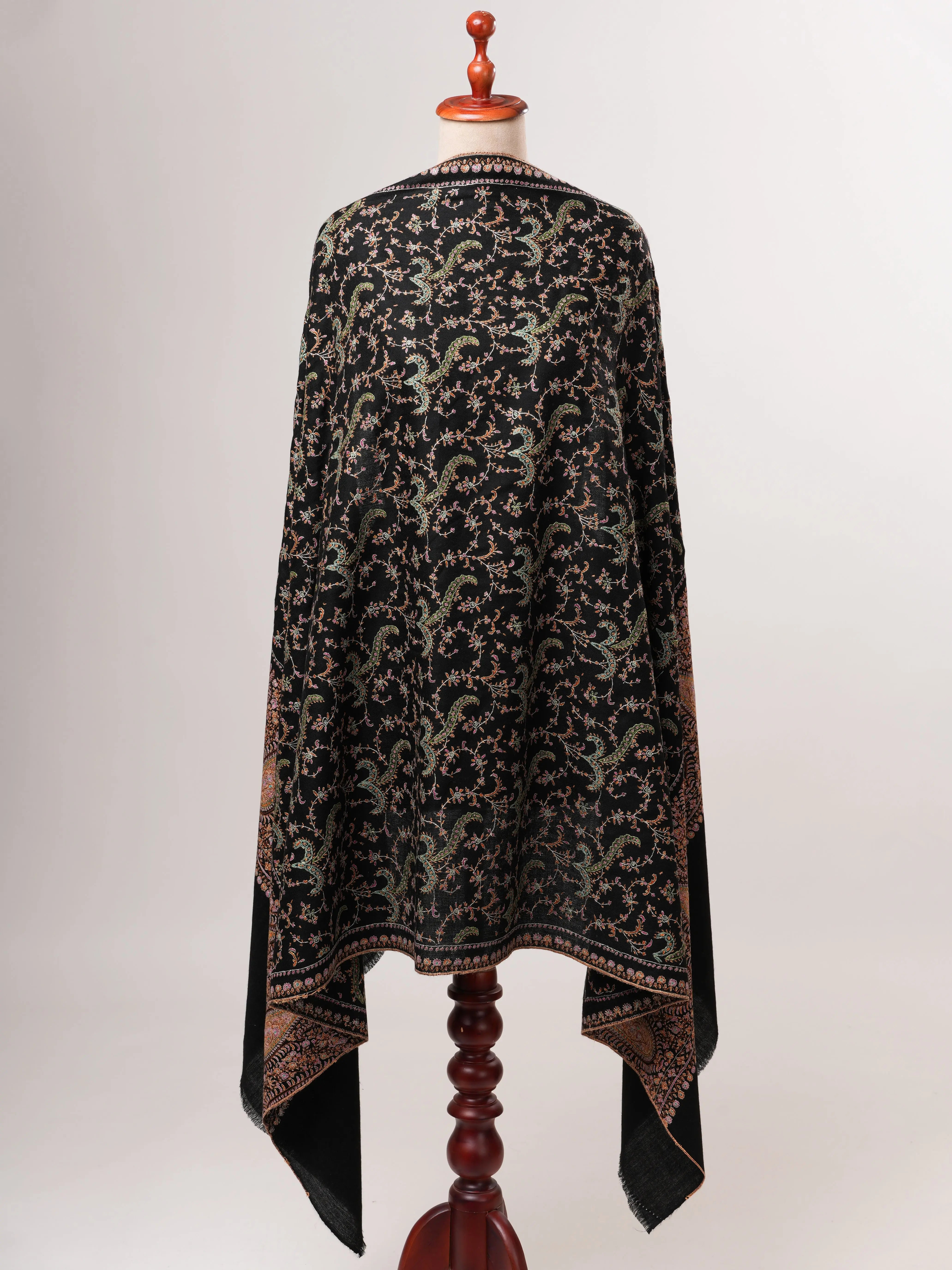 Black Artisanal Pashmina Shawl with Delicate Hand Embroidery Shahkaar