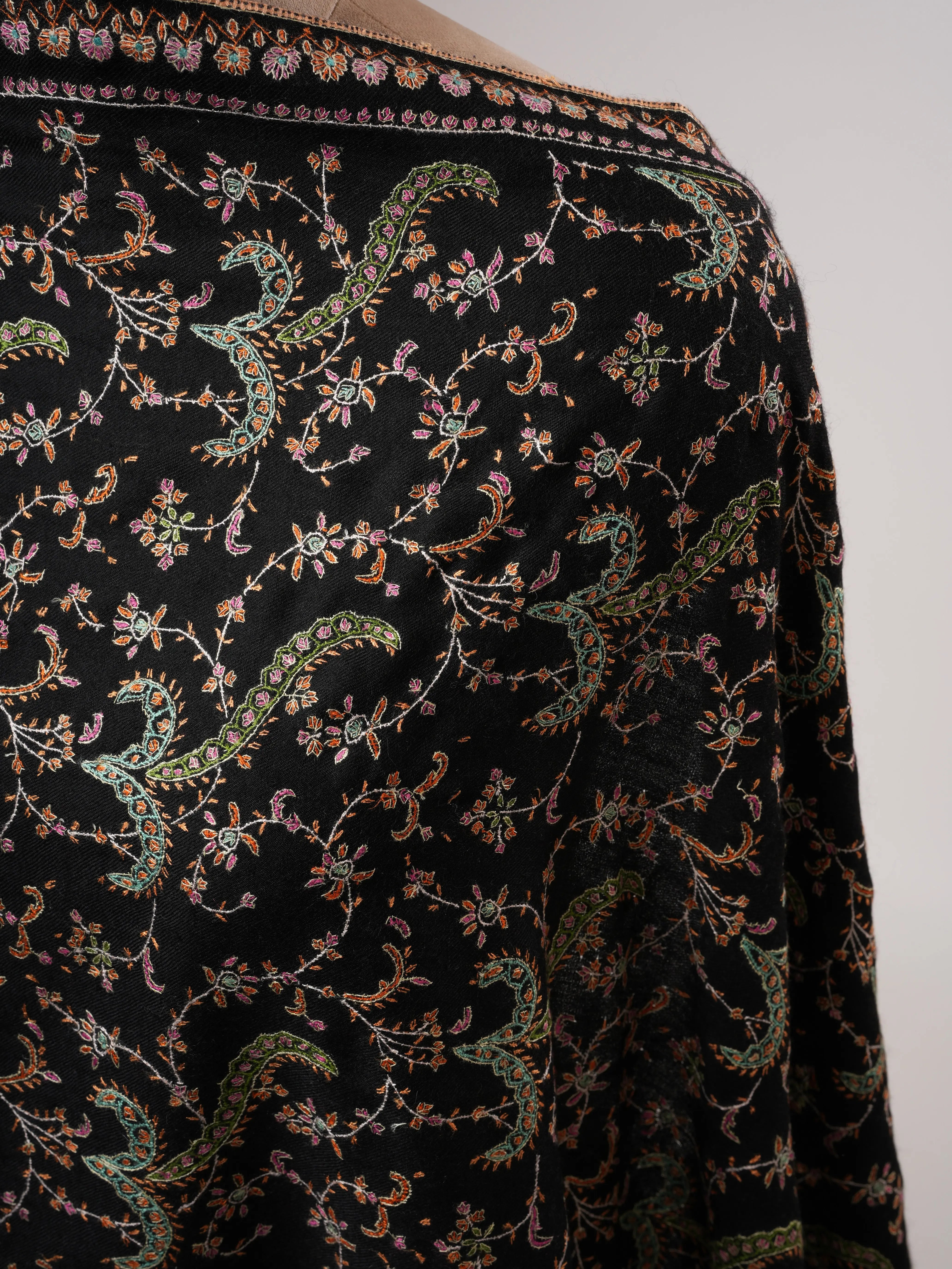 Black Artisanal Pashmina Shawl with Delicate Hand Embroidery Shahkaar