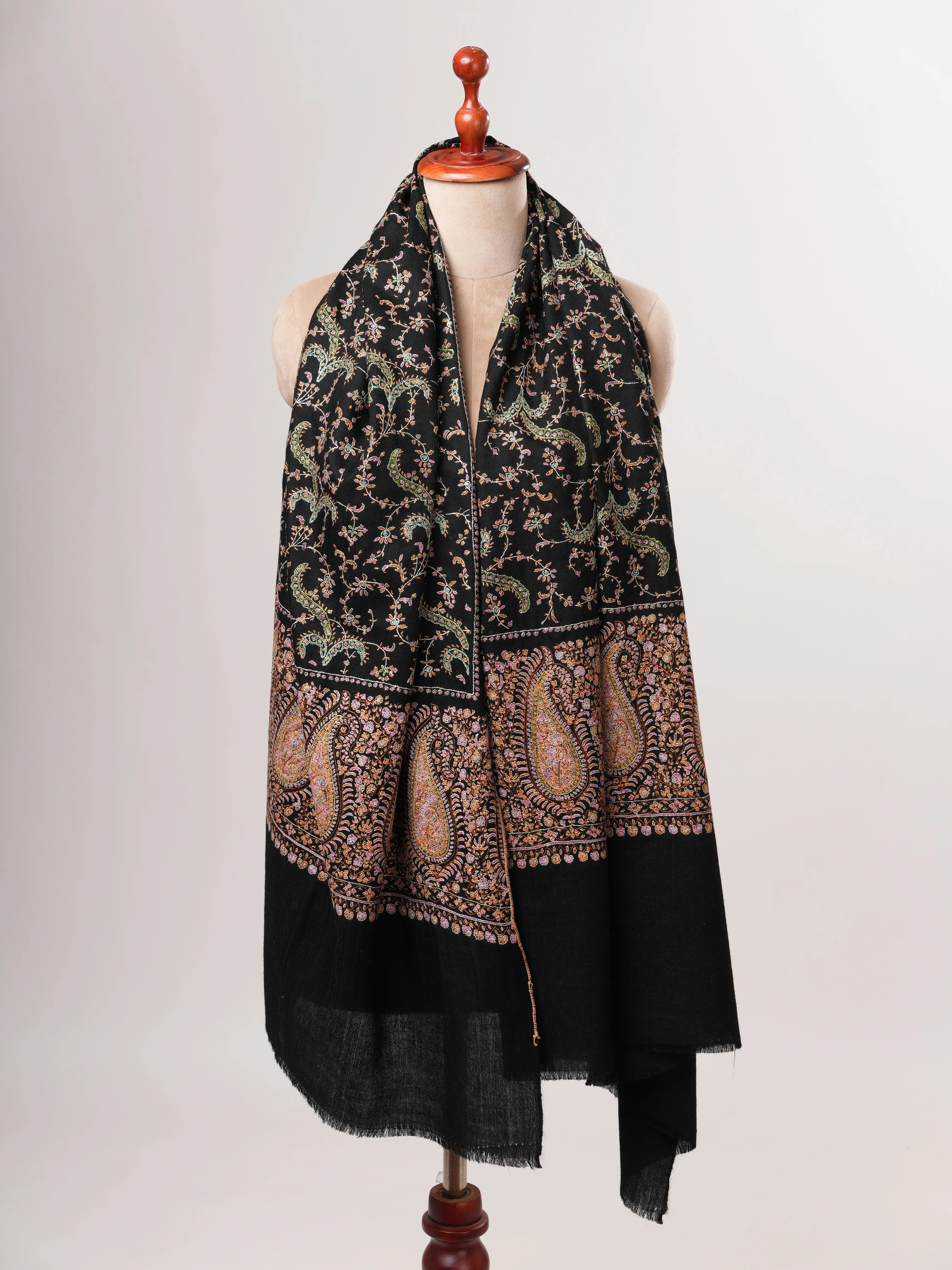 Black Artisanal Pashmina Shawl with Delicate Hand Embroidery Shahkaar