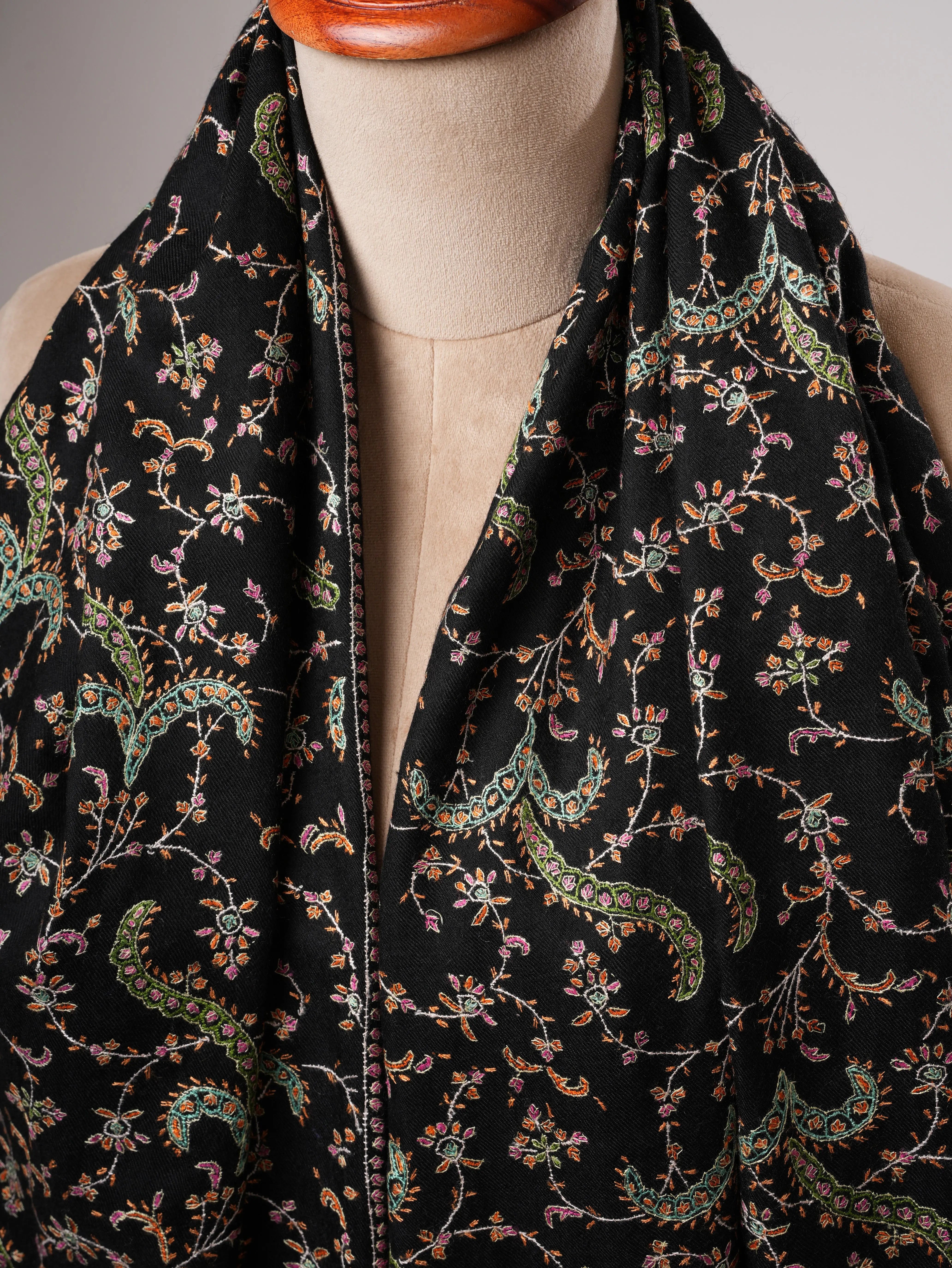 Black Artisanal Pashmina Shawl with Delicate Hand Embroidery Shahkaar