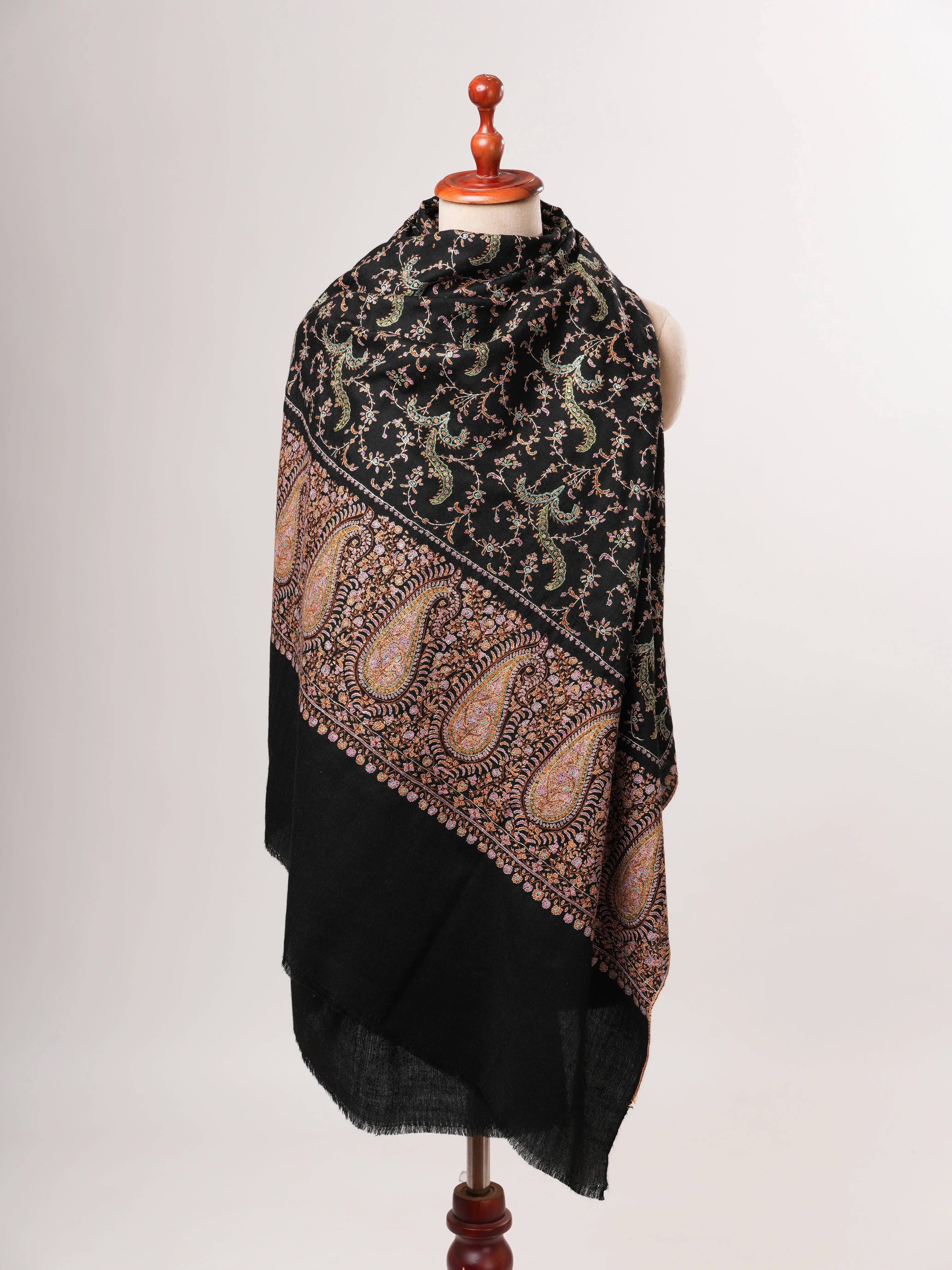 Black Artisanal Pashmina Shawl with Delicate Hand Embroidery Shahkaar