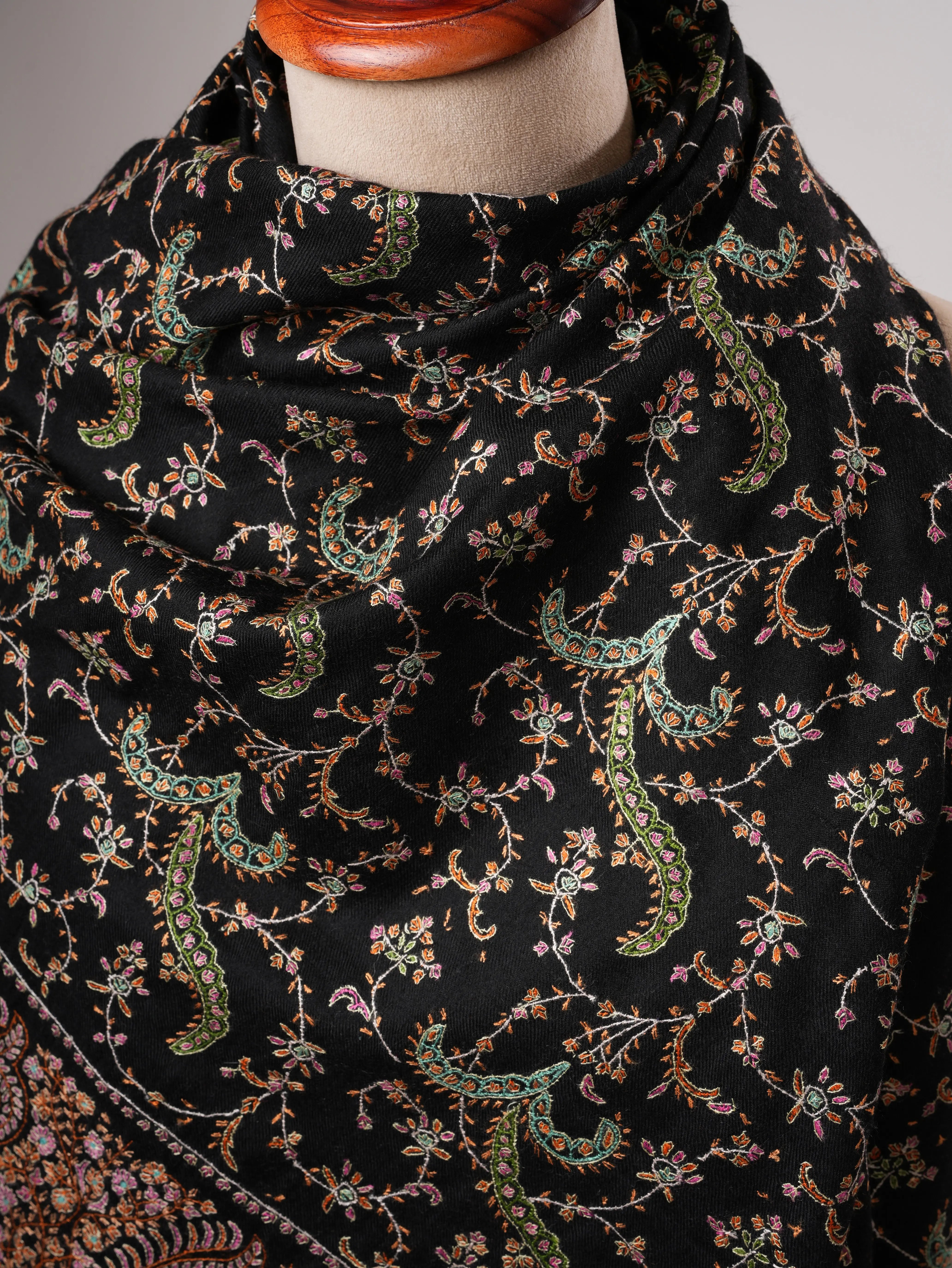 Black Artisanal Pashmina Shawl with Delicate Hand Embroidery Shahkaar