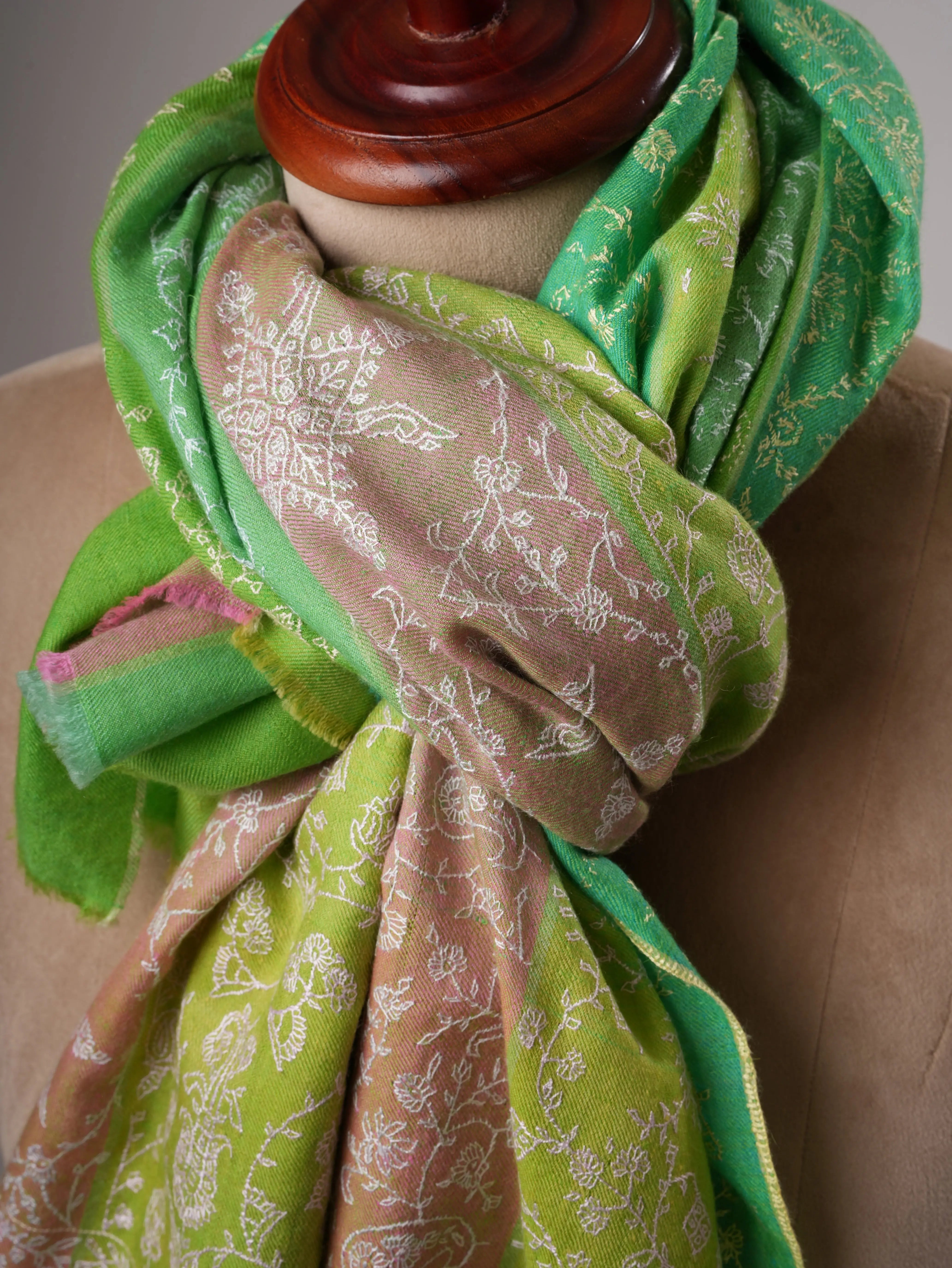 Three Color Stripe Soft Shahkaar Pashmina Shawl with Delicate Needle Work Shahkaar