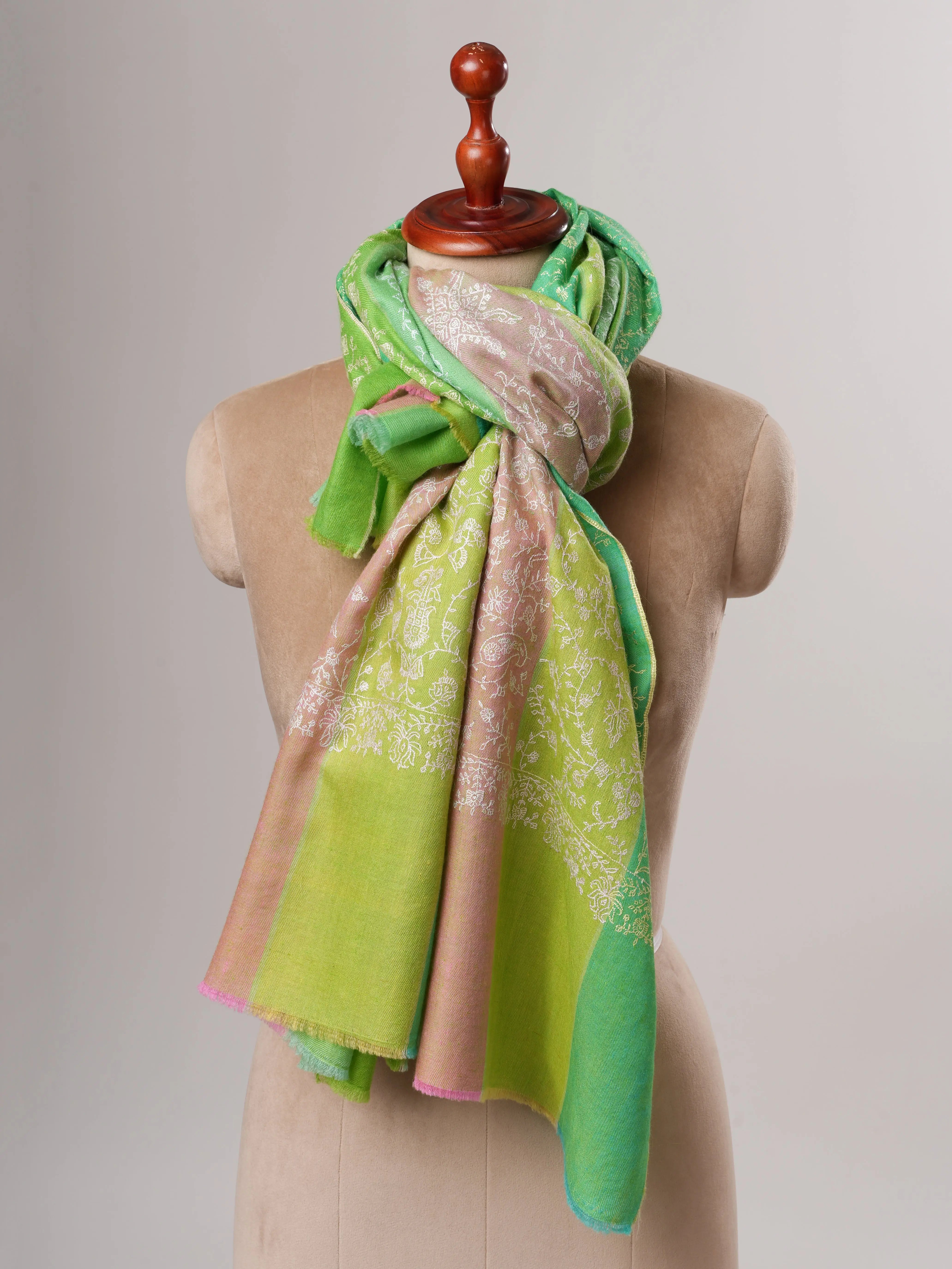 Three Color Stripe Soft Shahkaar Pashmina Shawl with Delicate Needle Work Shahkaar
