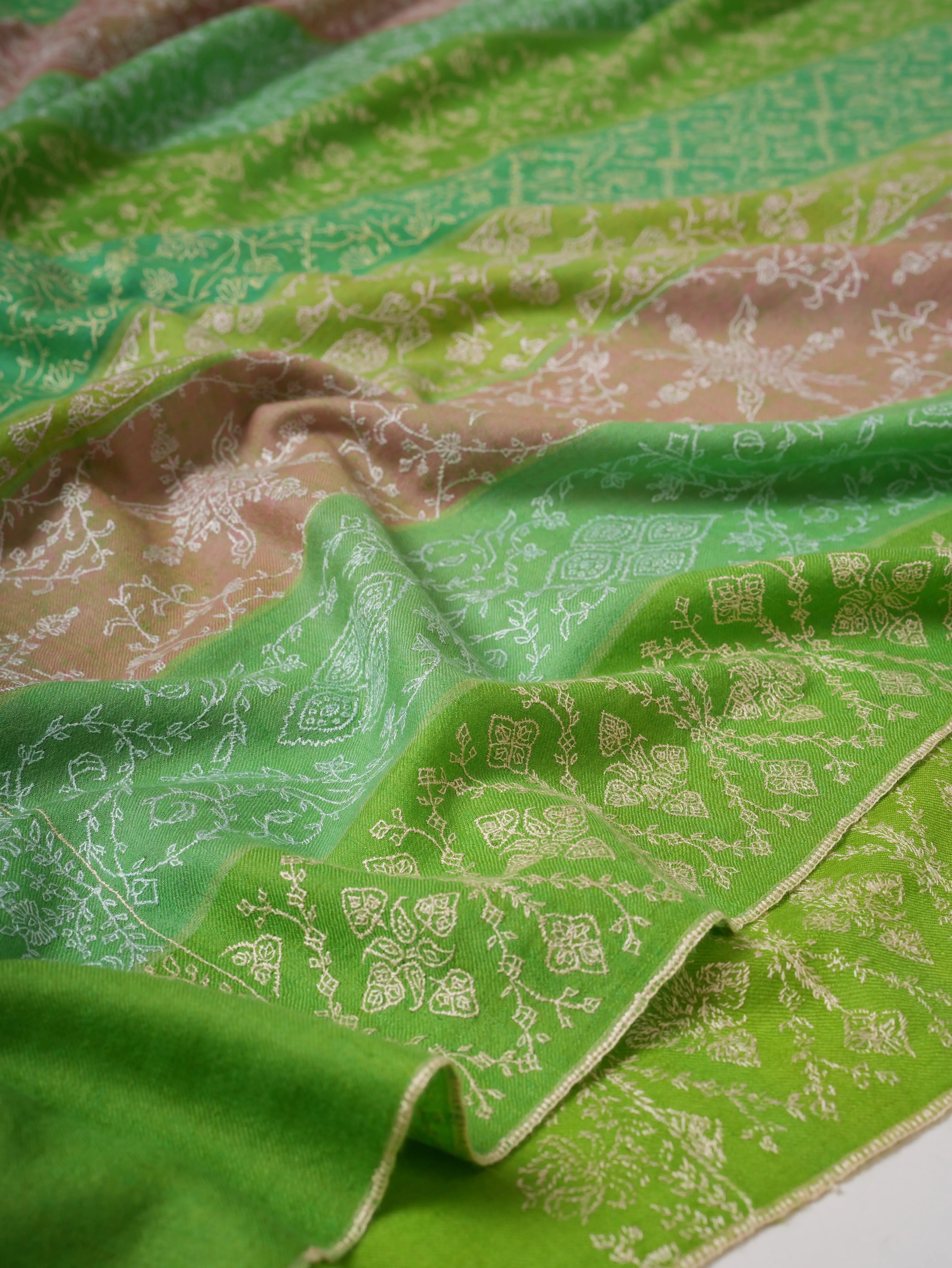 Three Color Stripe Soft Shahkaar Pashmina Shawl with Delicate Needle Work Shahkaar