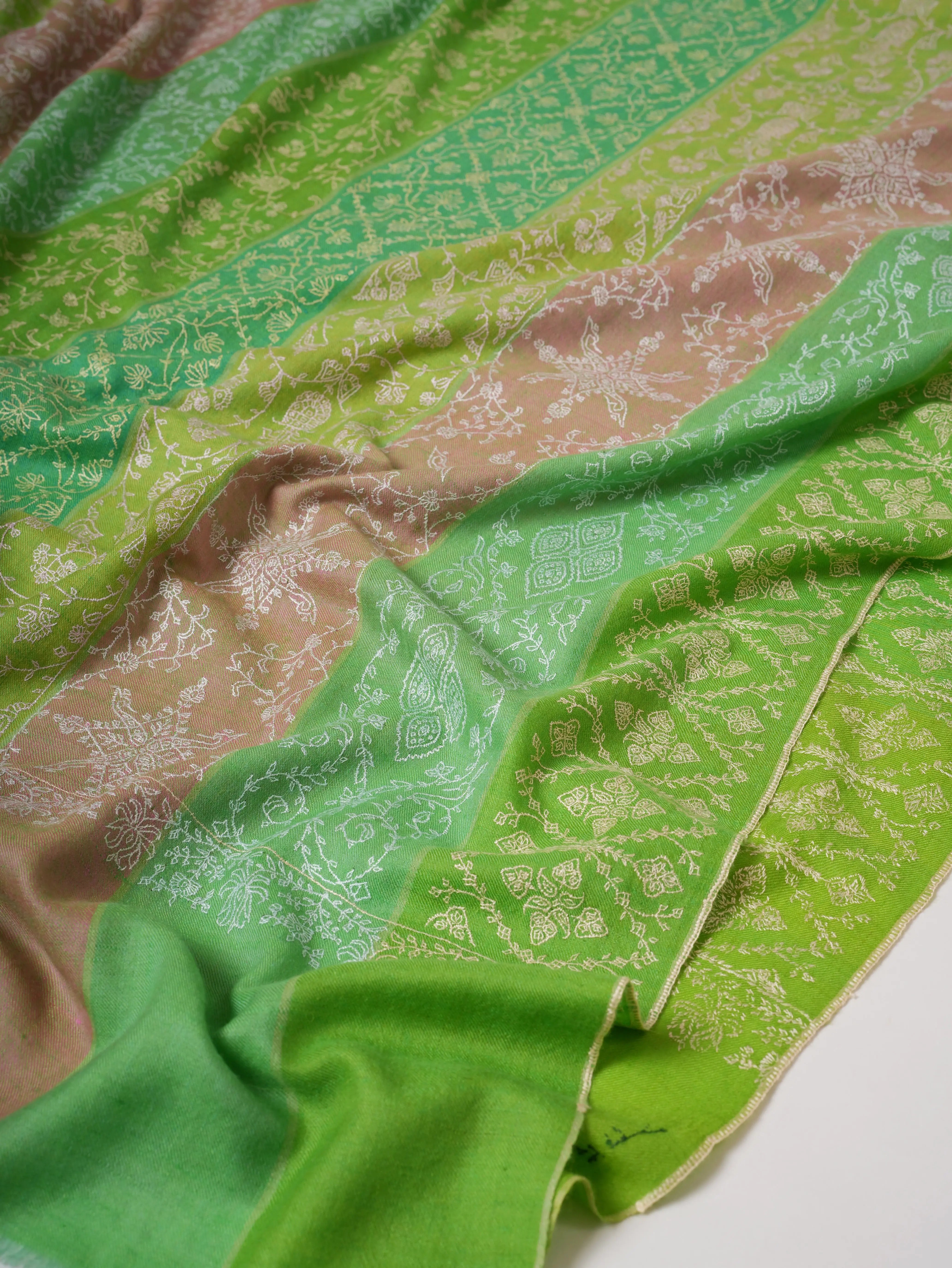 Three Color Stripe Soft Shahkaar Pashmina Shawl with Delicate Needle Work Shahkaar