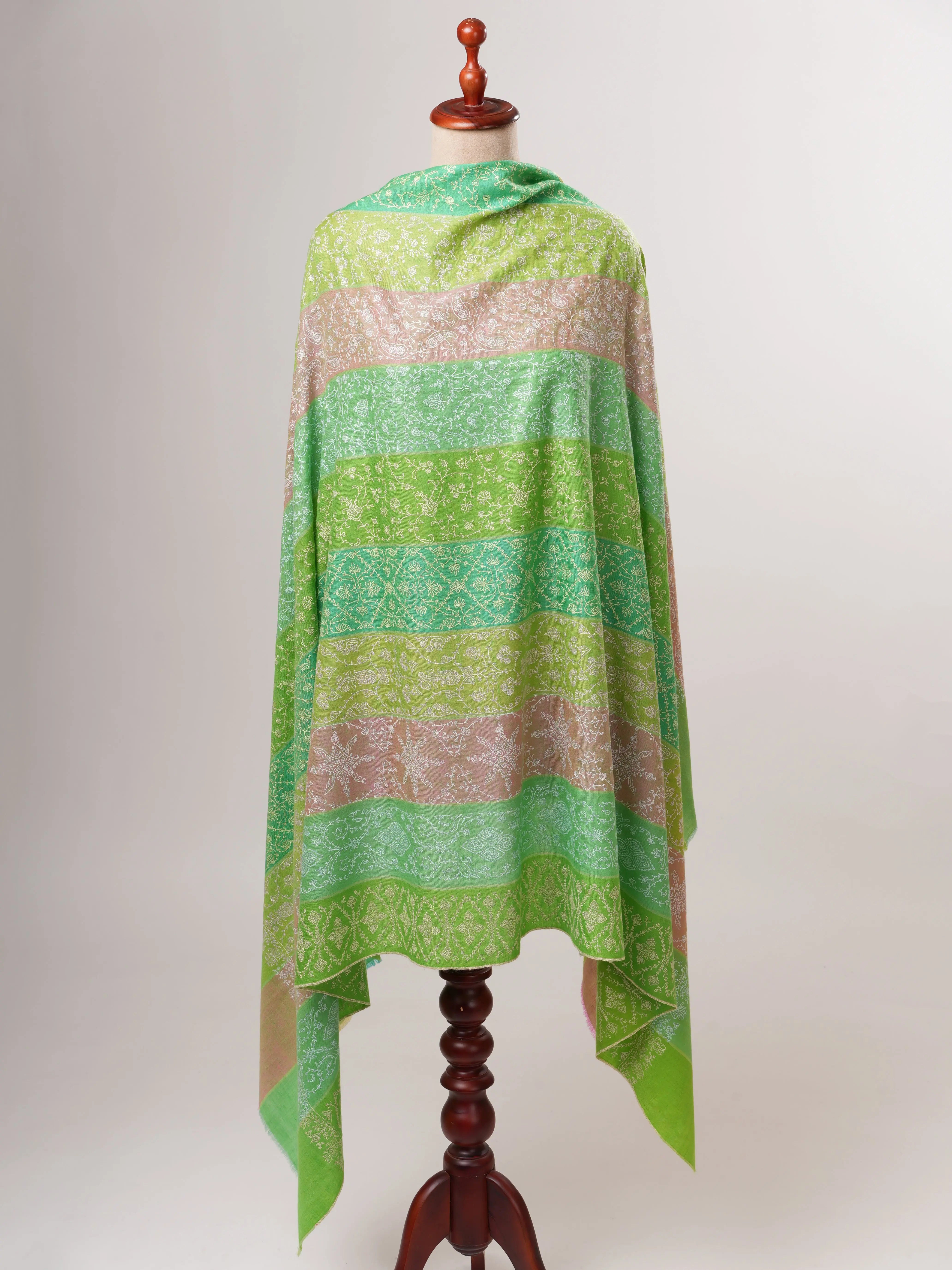 Three Color Stripe Soft Shahkaar Pashmina Shawl with Delicate Needle Work Shahkaar