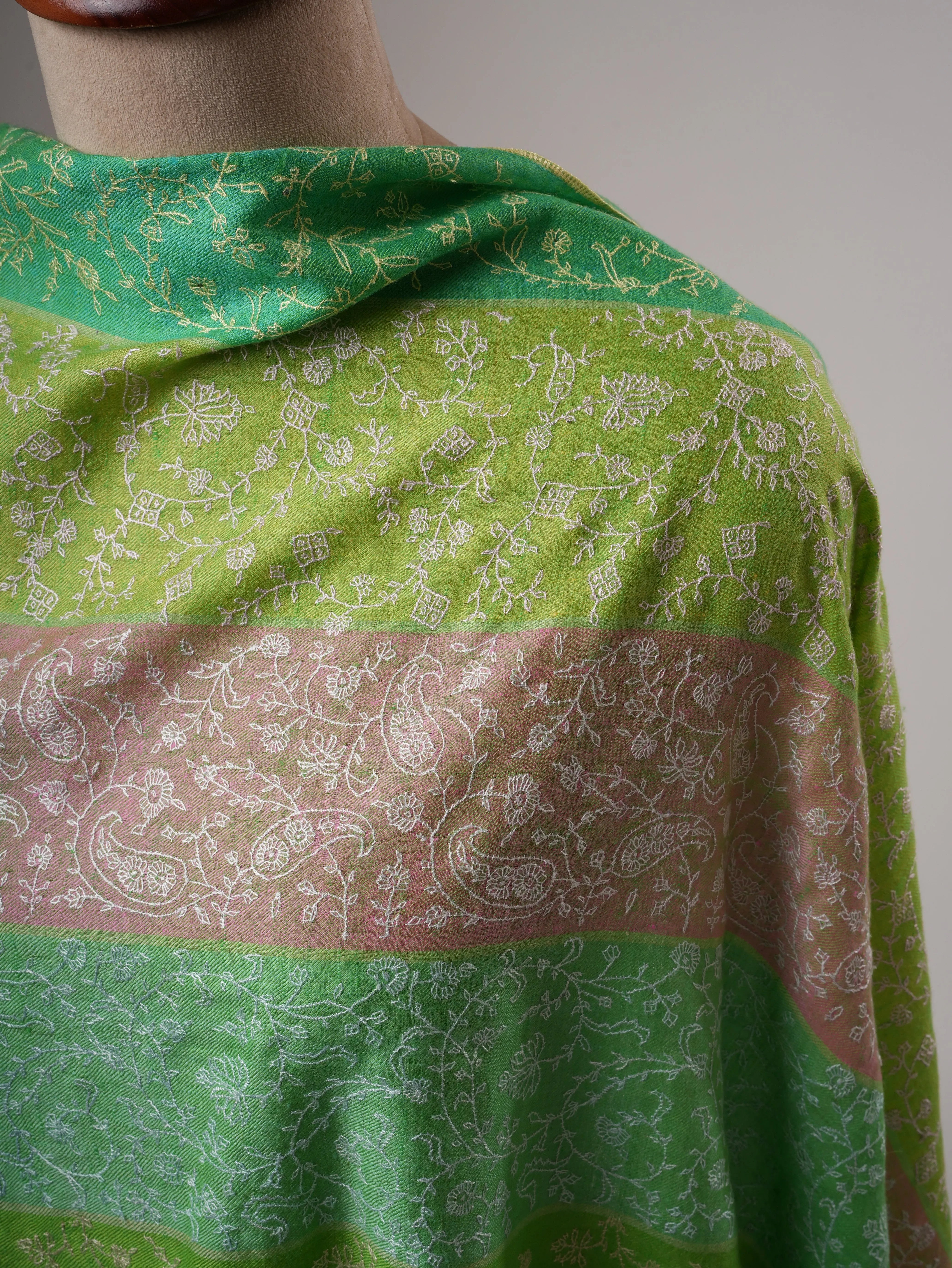 Three Color Stripe Soft Shahkaar Pashmina Shawl with Delicate Needle Work Shahkaar