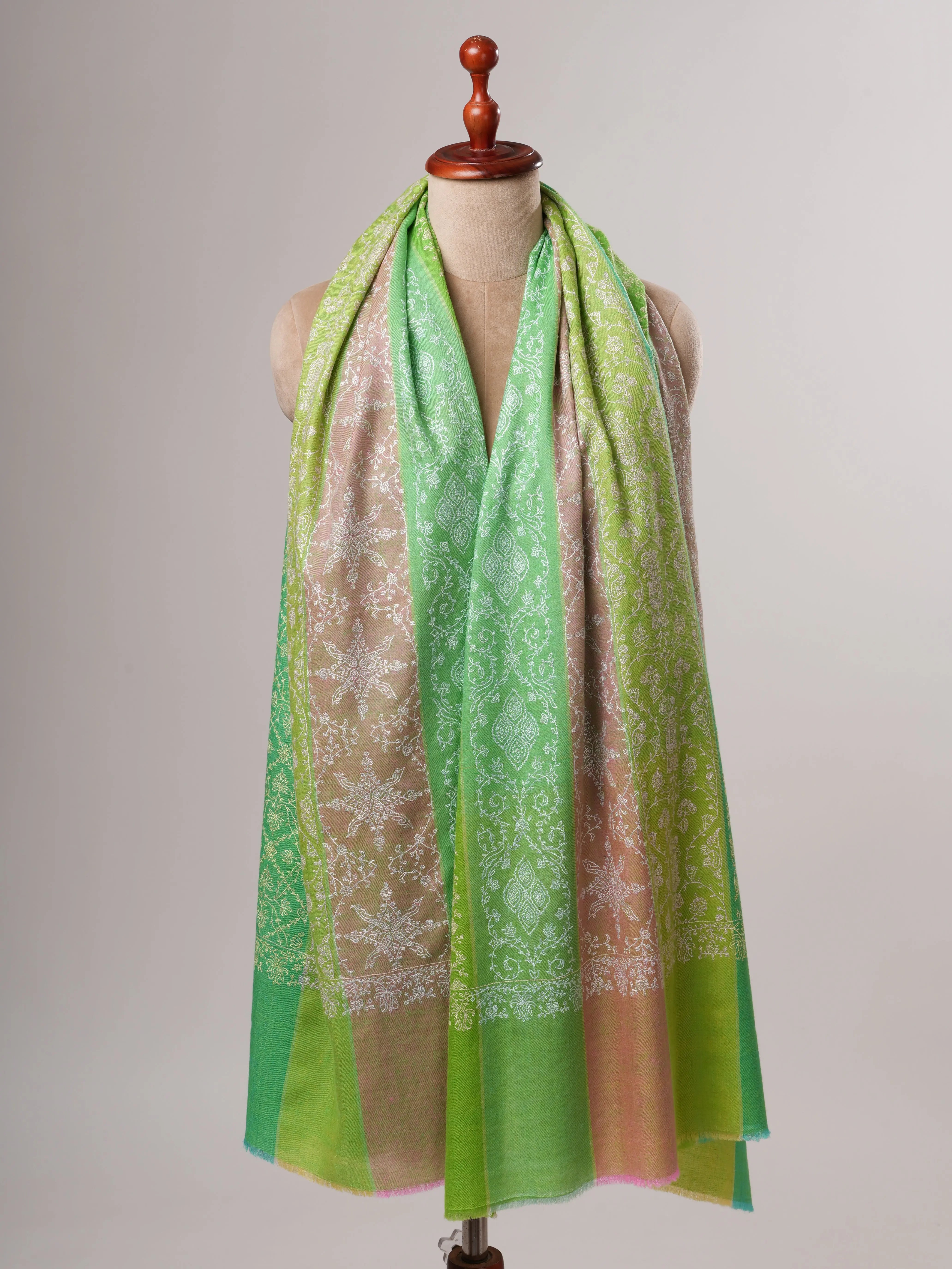 Three Color Stripe Soft Shahkaar Pashmina Shawl with Delicate Needle Work Shahkaar