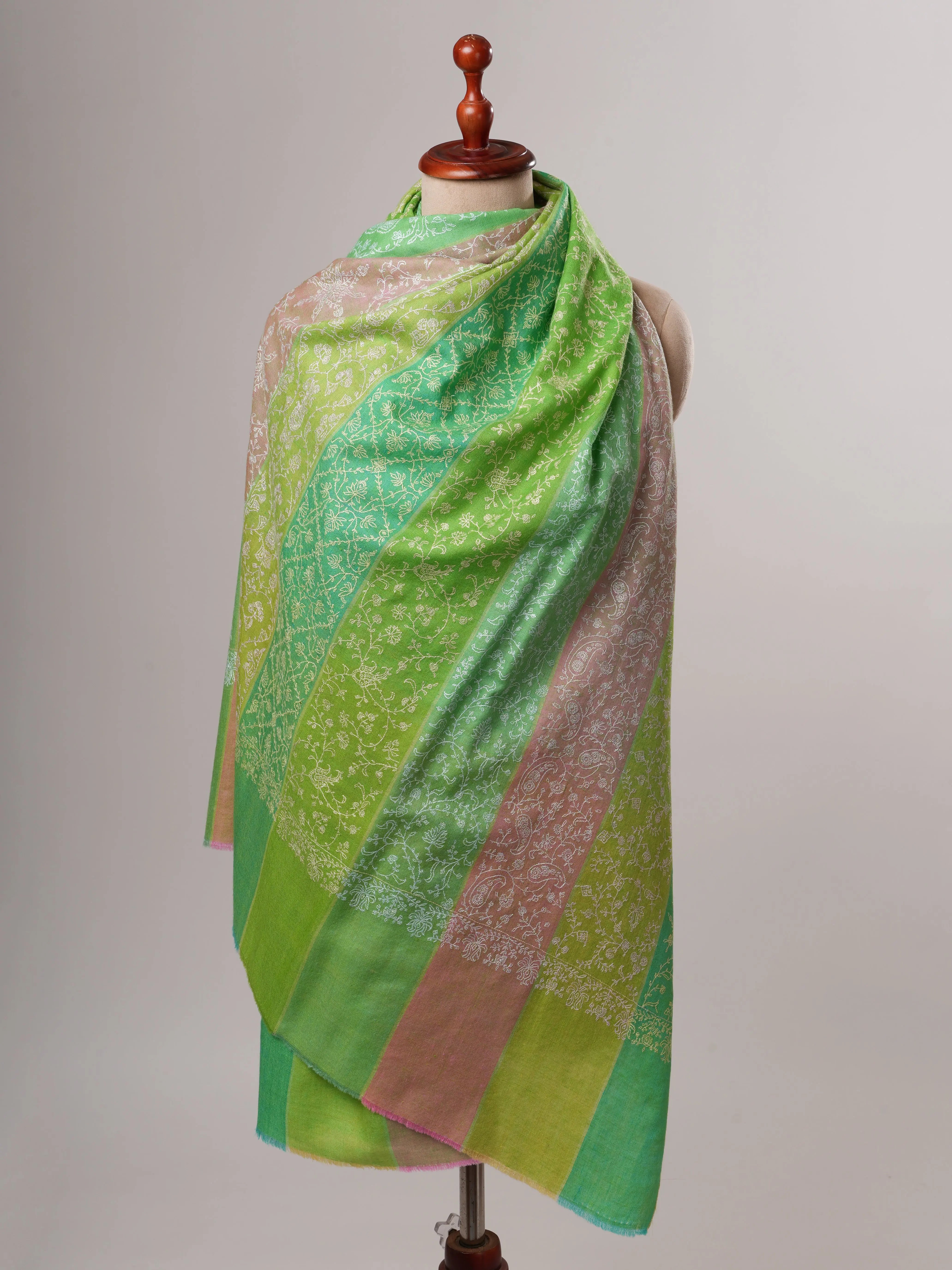 Three Color Stripe Soft Shahkaar Pashmina Shawl with Delicate Needle Work Shahkaar