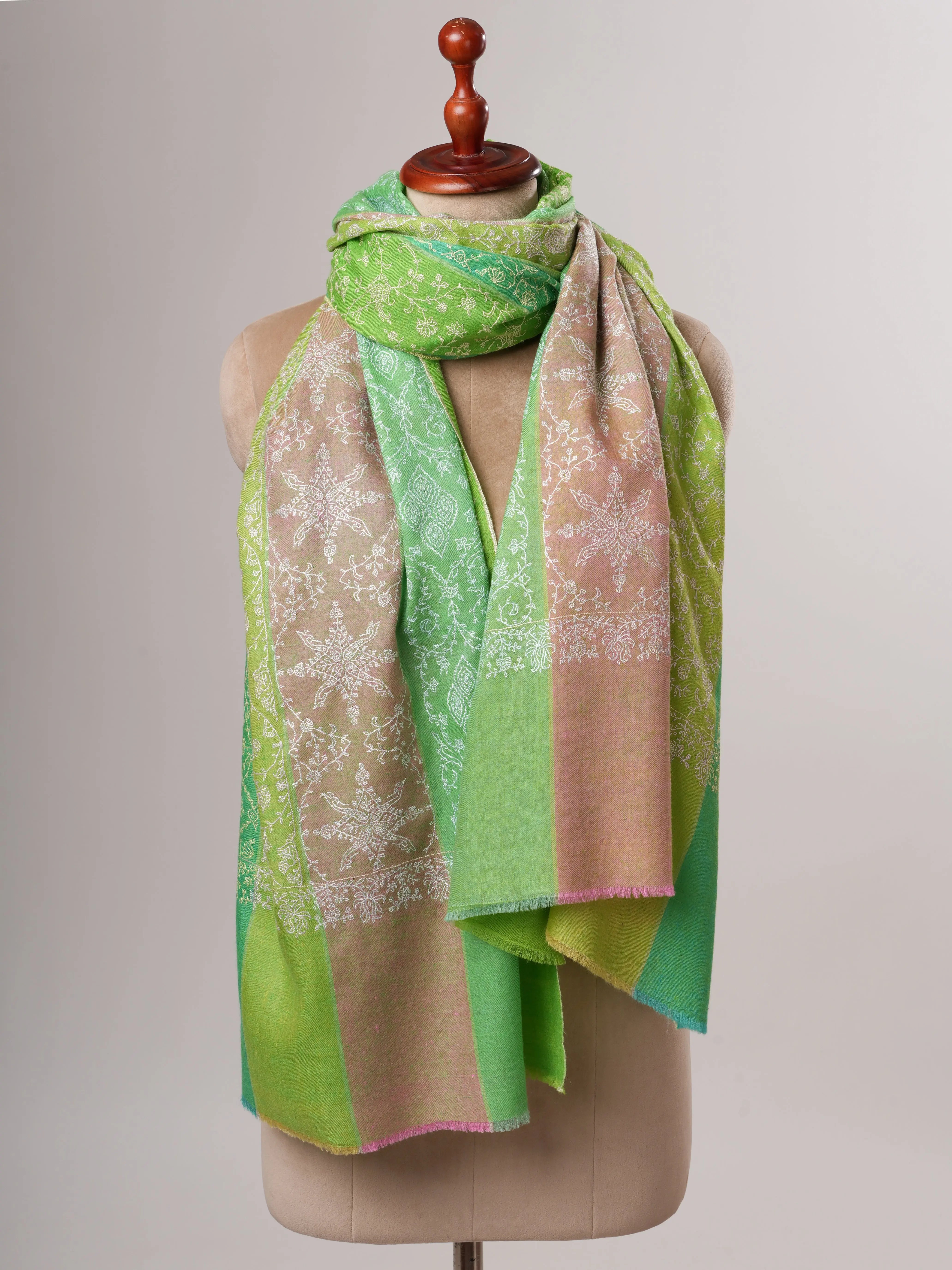 Three Color Stripe Soft Shahkaar Pashmina Shawl with Delicate Needle Work Shahkaar