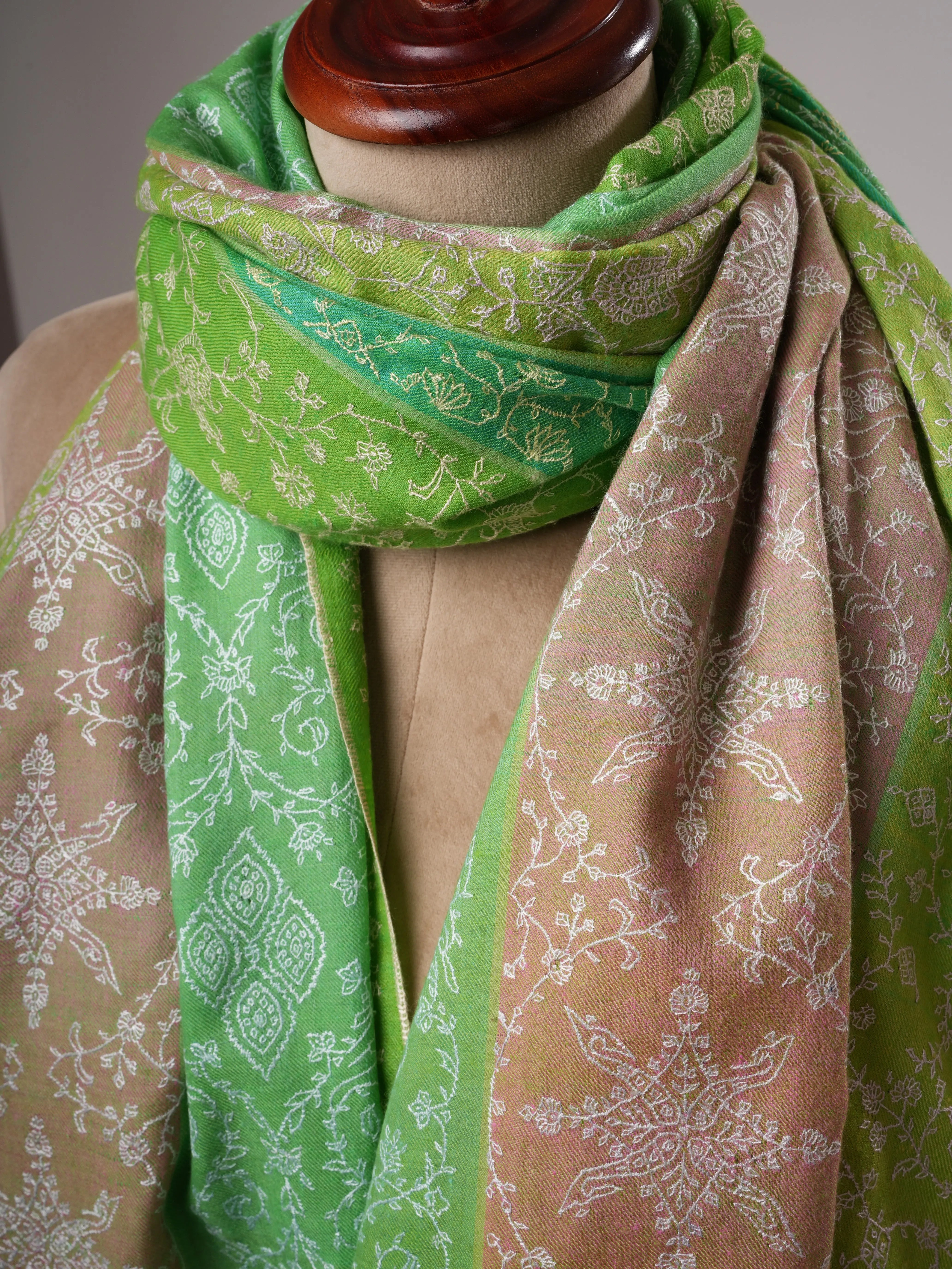 Three Color Stripe Soft Shahkaar Pashmina Shawl with Delicate Needle Work Shahkaar