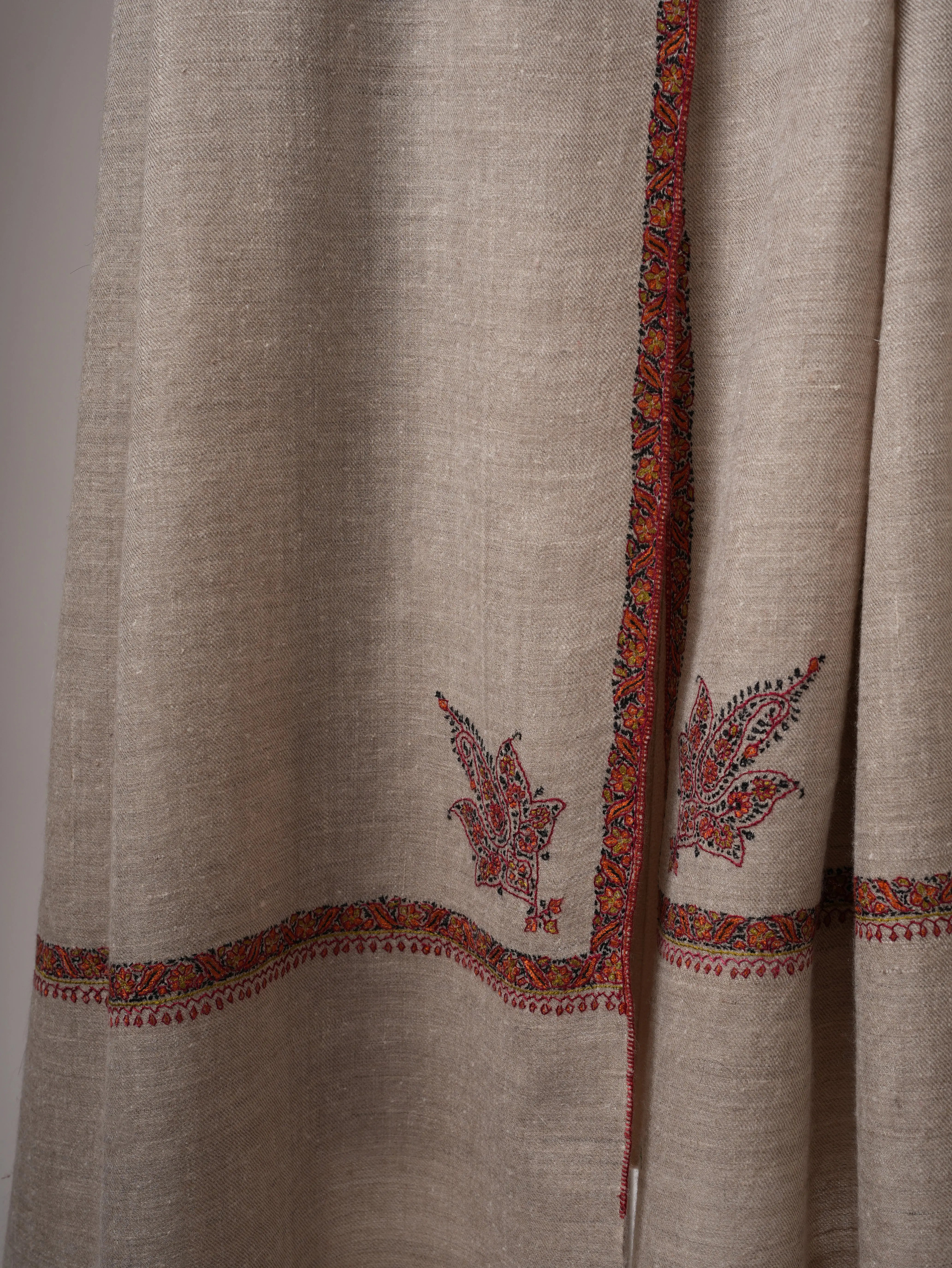 Grey Bail Hand Embroidered Kashmiri Pashmina Shawl – Soft Elegant Wrap Shahkaar