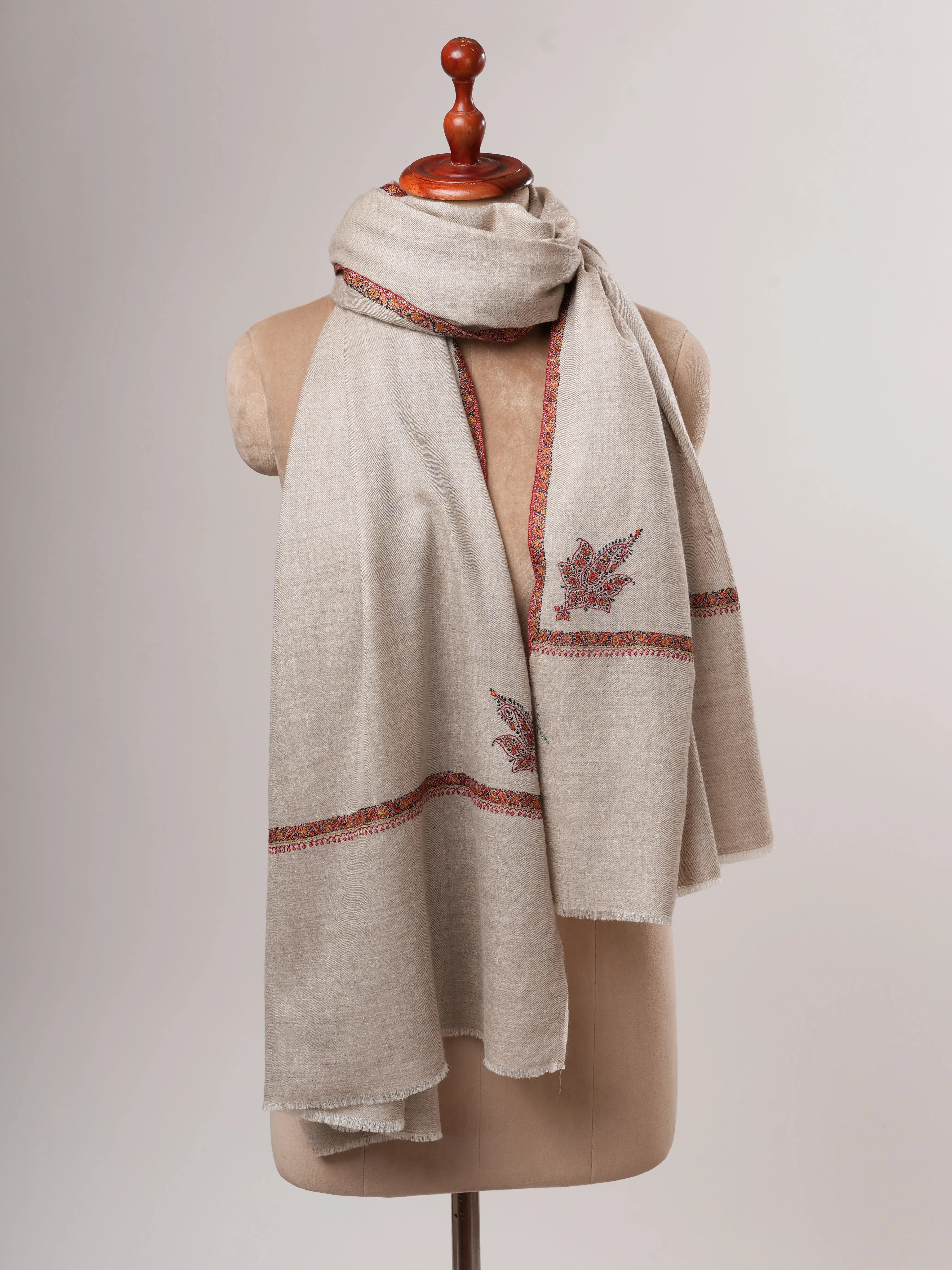 Grey Bail Hand Embroidered Kashmiri Pashmina Shawl – Soft Elegant Wrap Shahkaar