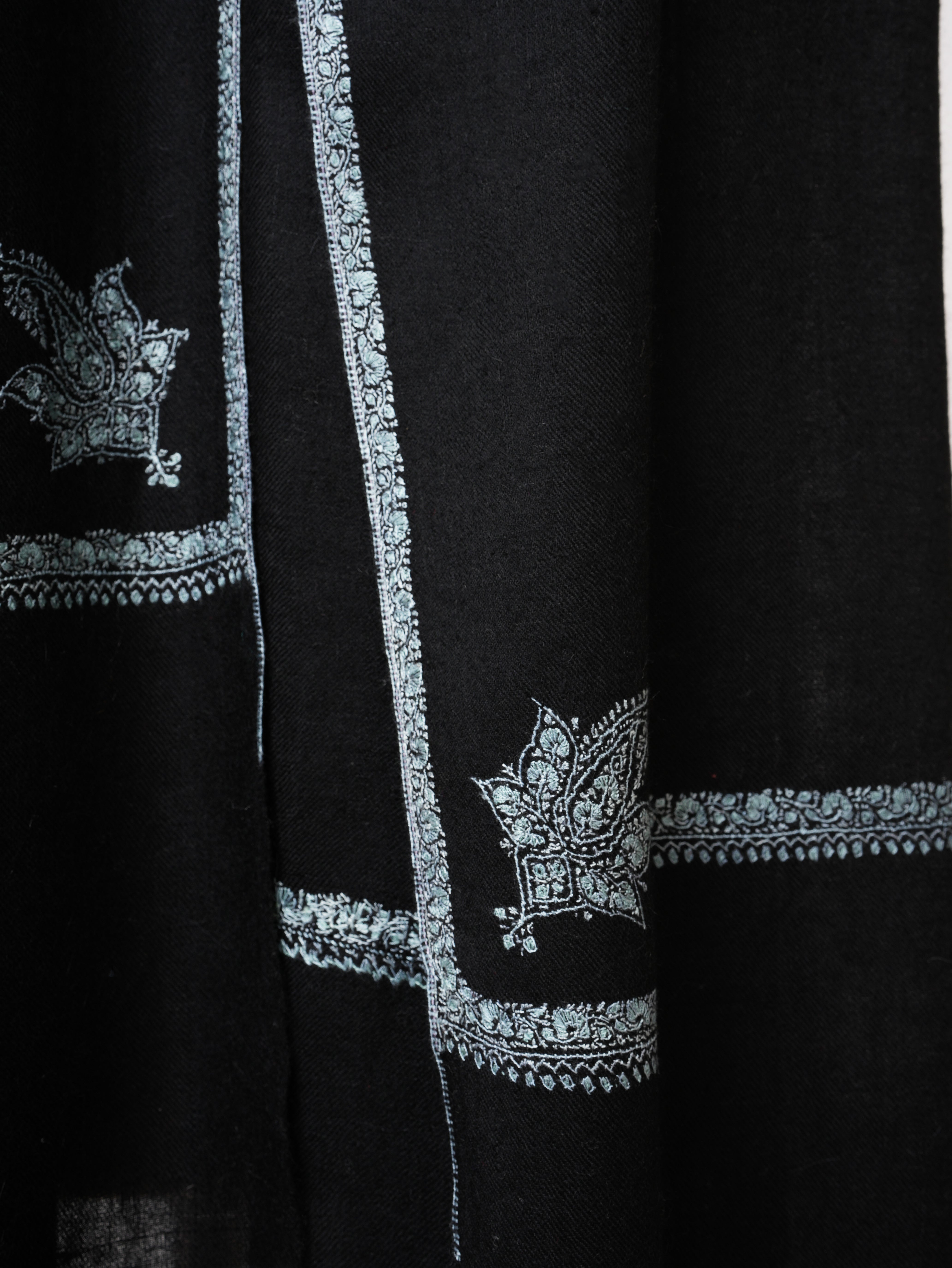 Black Kashmiri Pashmina Shawl with Bail Embroidery
