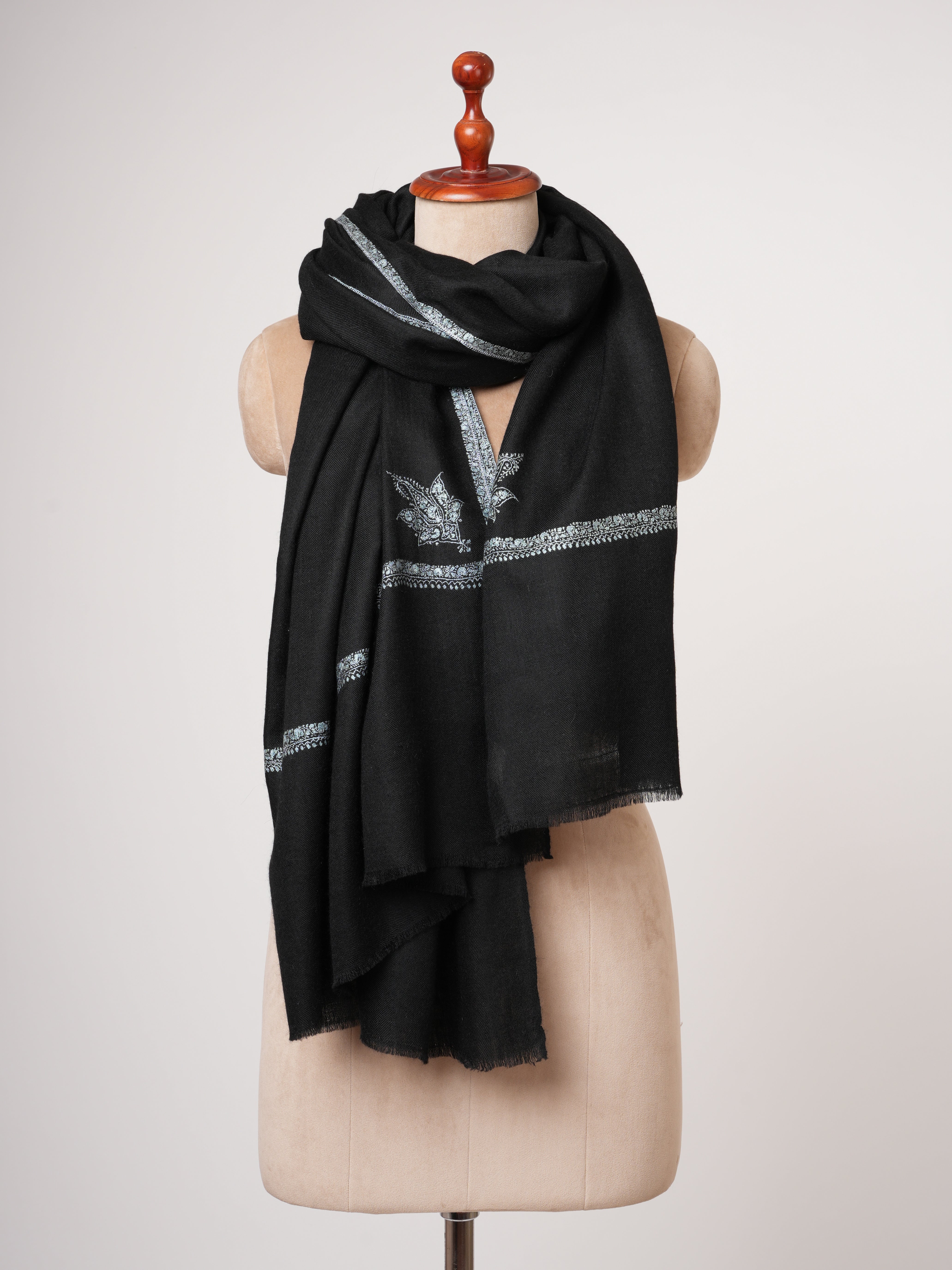 Black Kashmiri Pashmina Shawl with Bail Embroidery