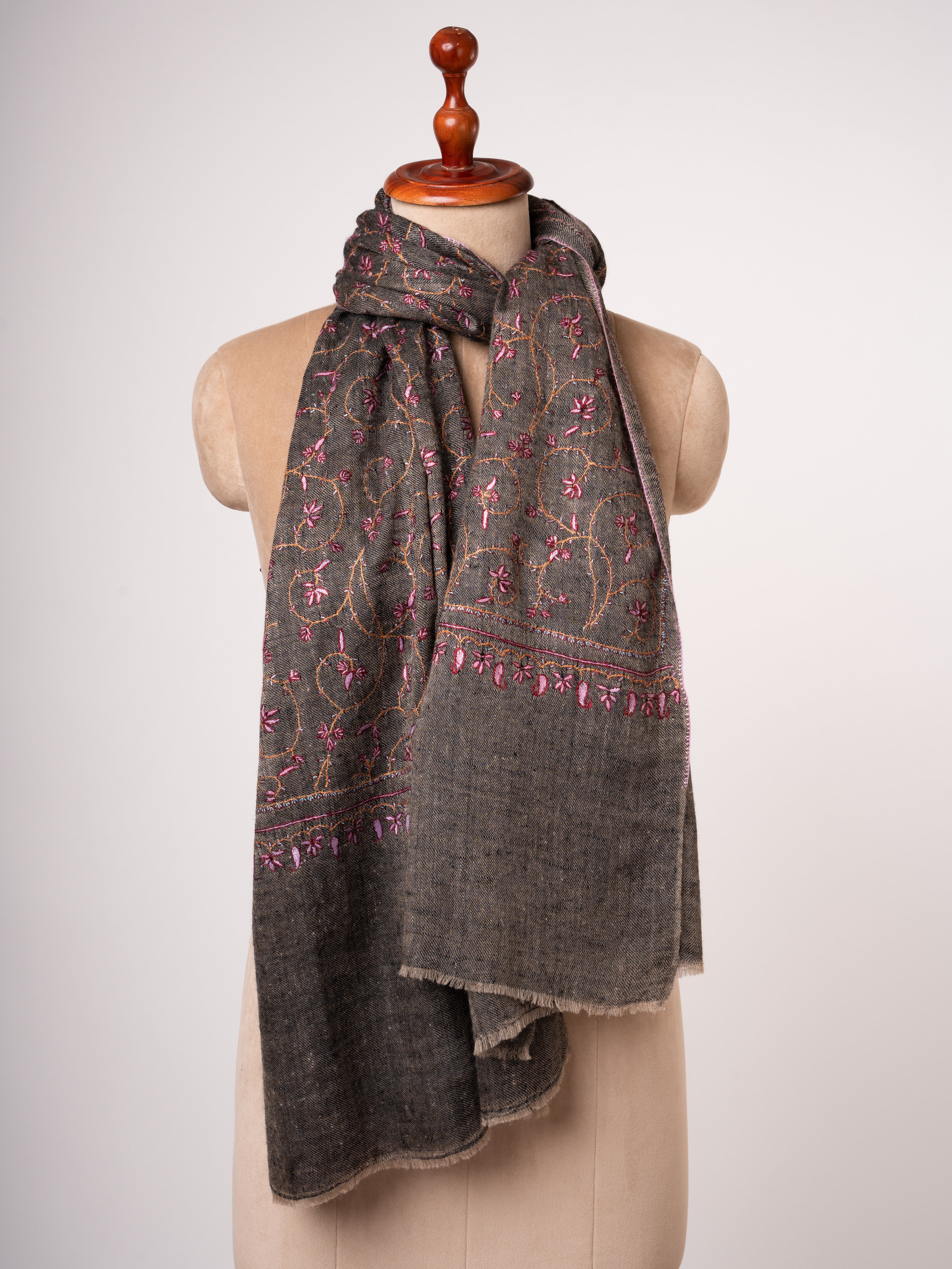 Carbon Black Handloomed Cashmere Scarf All Over Jali Embroidery Shahkaar