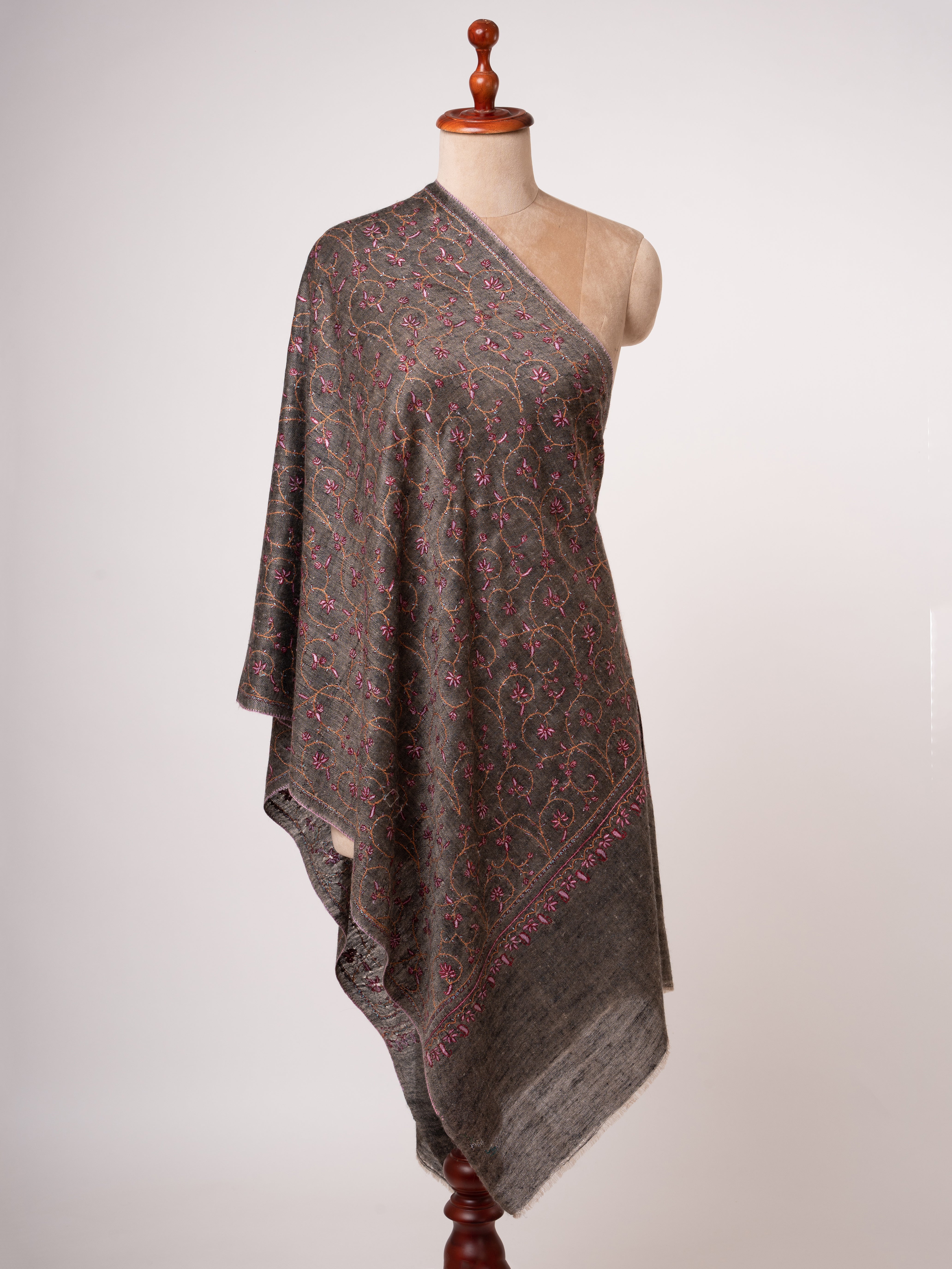 Carbon Black Handloomed Cashmere Scarf All Over Jali Embroidery Shahkaar