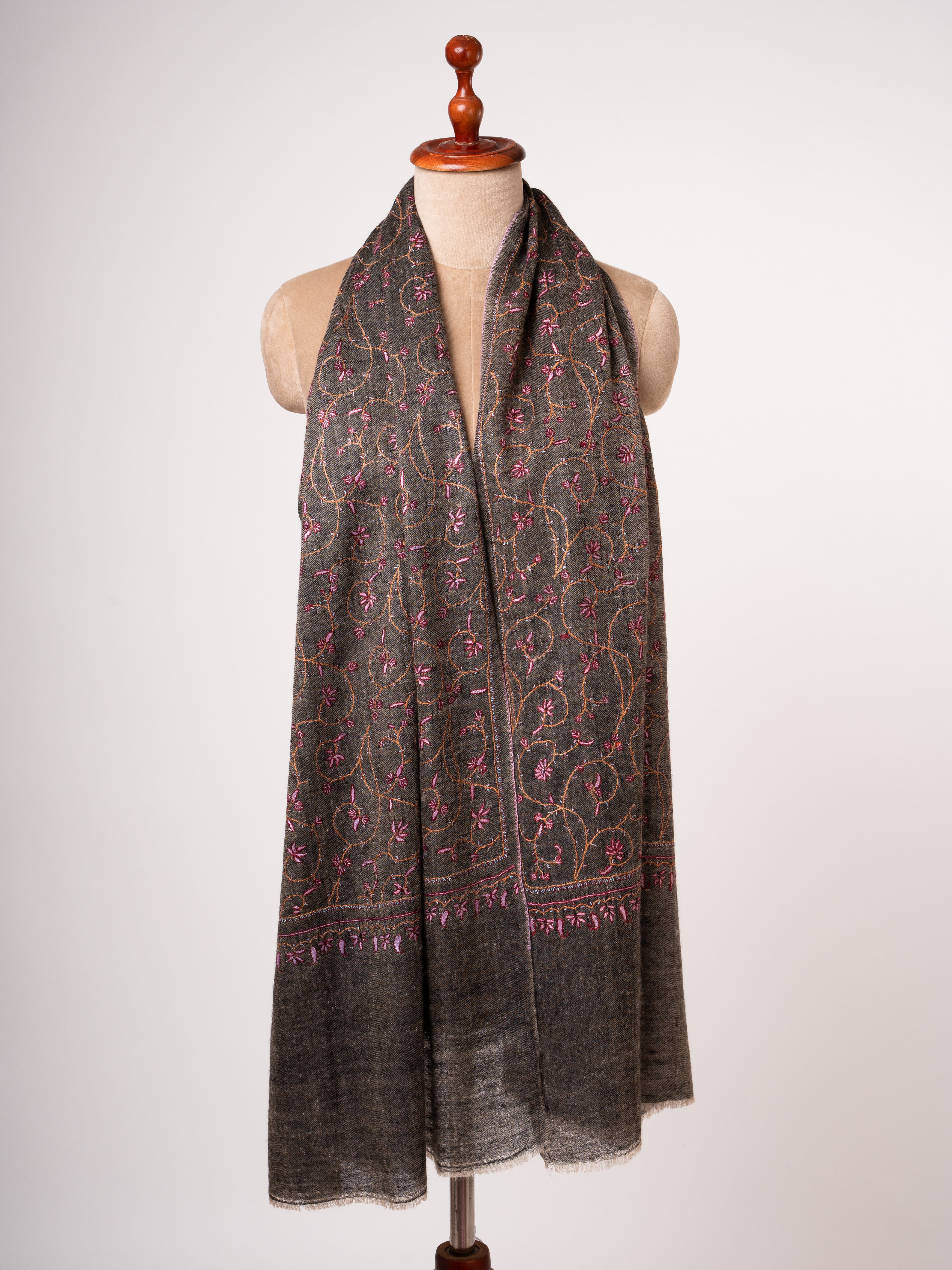 Carbon Black Handloomed Cashmere Scarf All Over Jali Embroidery Shahkaar