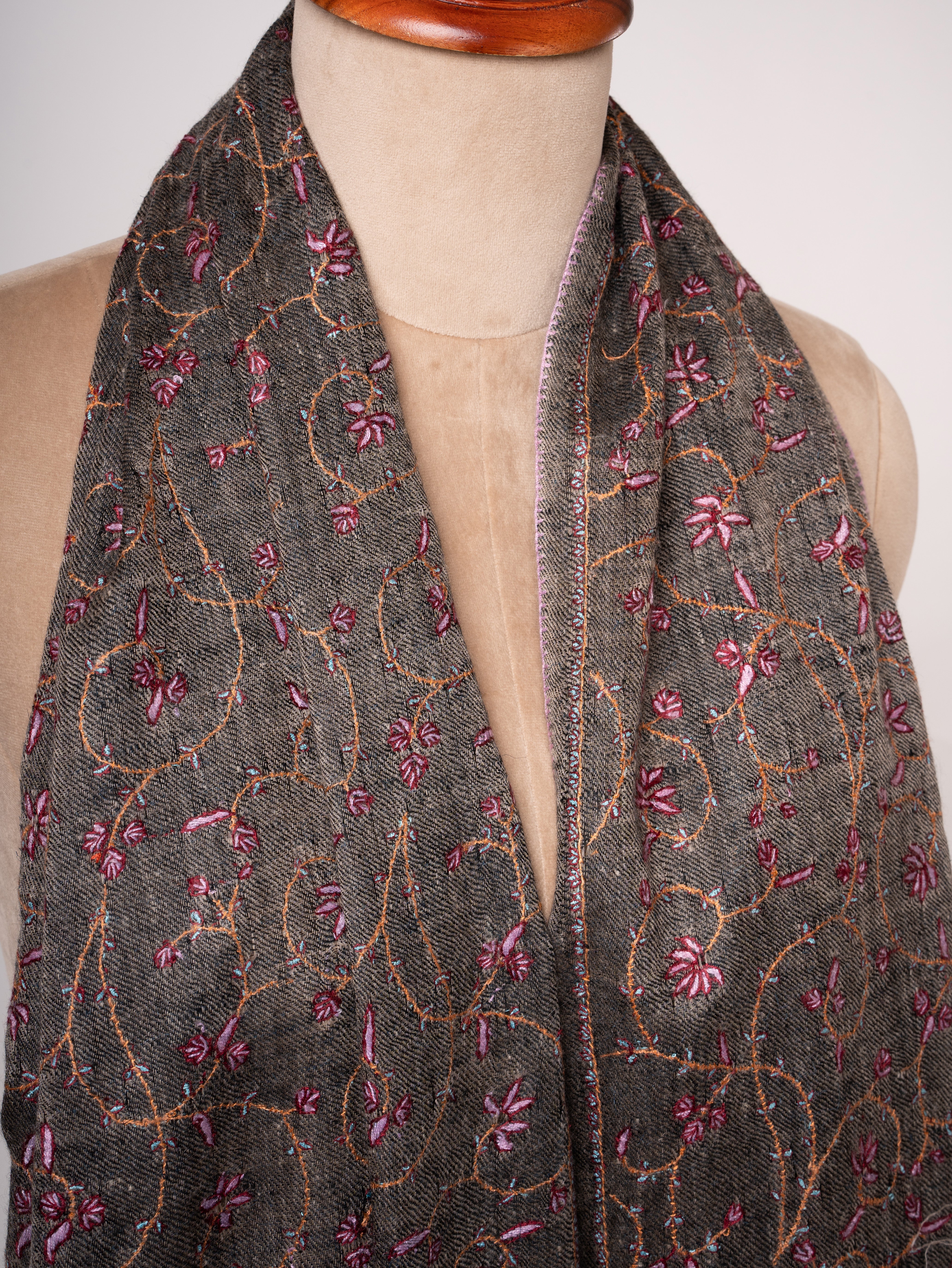Carbon Black Handloomed Cashmere Scarf All Over Jali Embroidery Shahkaar