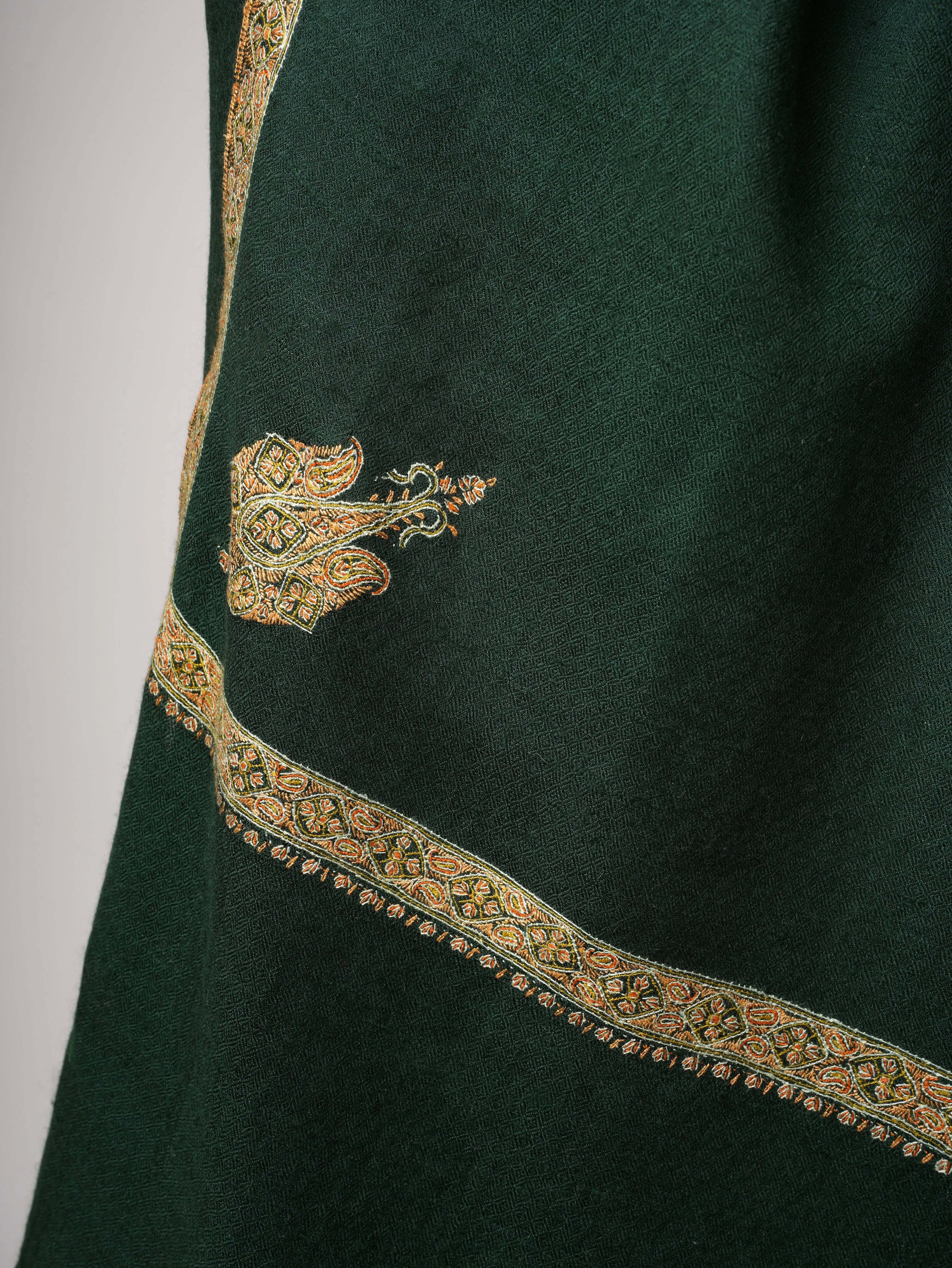 Dark Green Baby Soft Kashmiri Pashmina Shawl – Hand Embroidered Hashia Border Shahkaar