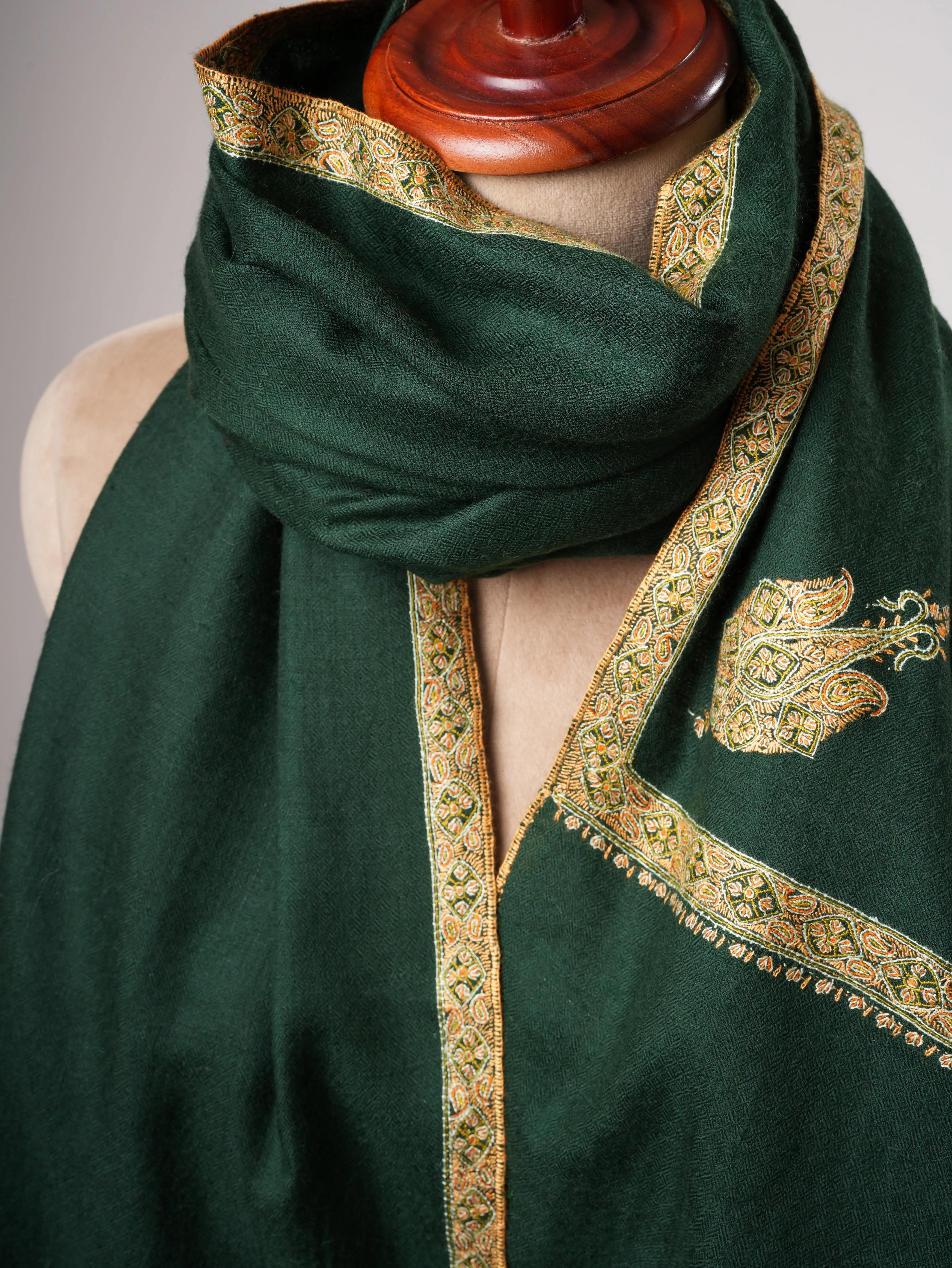 Dark Green Baby Soft Kashmiri Pashmina Shawl – Hand Embroidered Hashia Border Shahkaar
