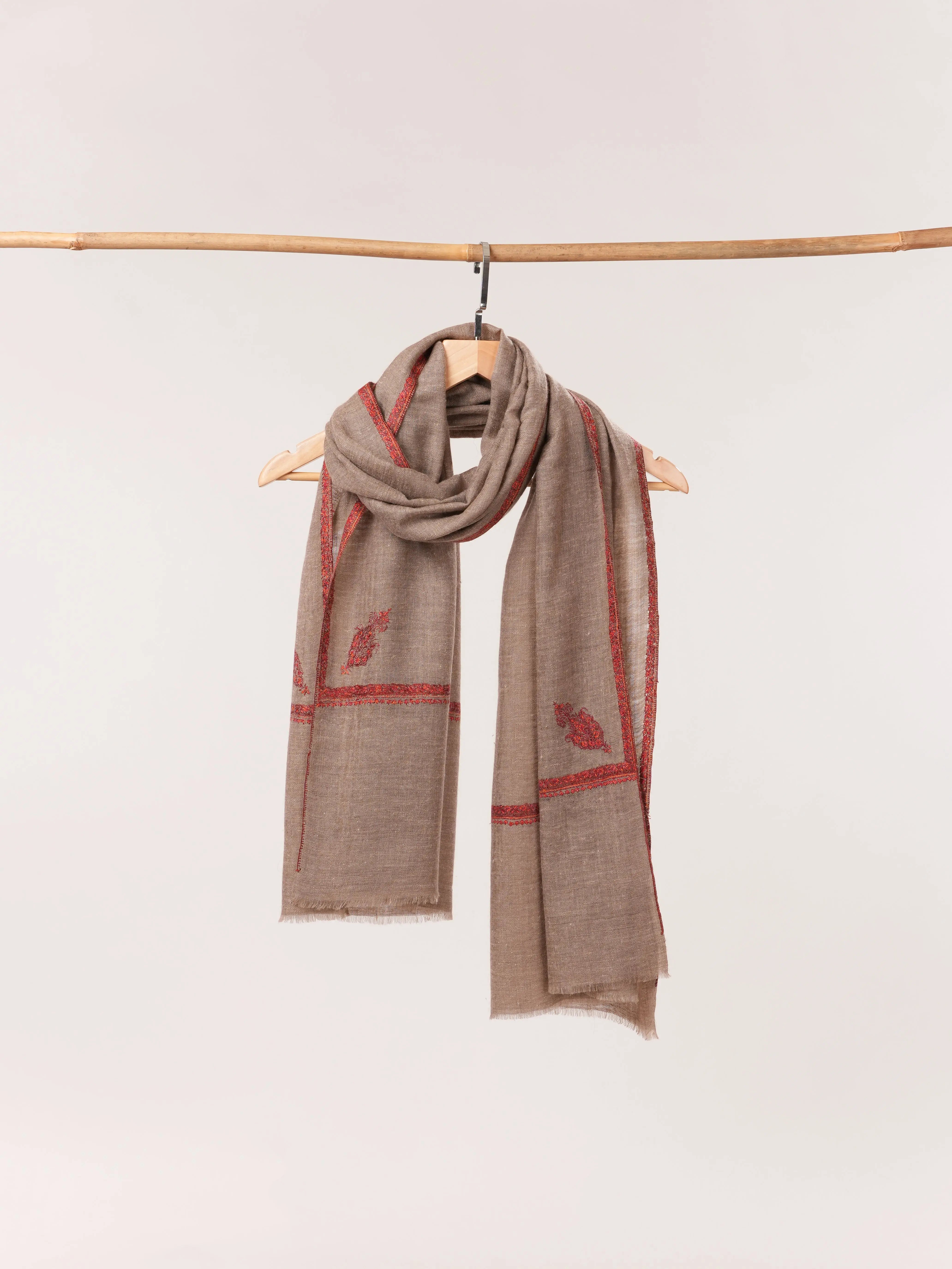Rare Dark Taupe Baby Soft Cashmere Scarf with Hand Embroidery Shahkaar.com