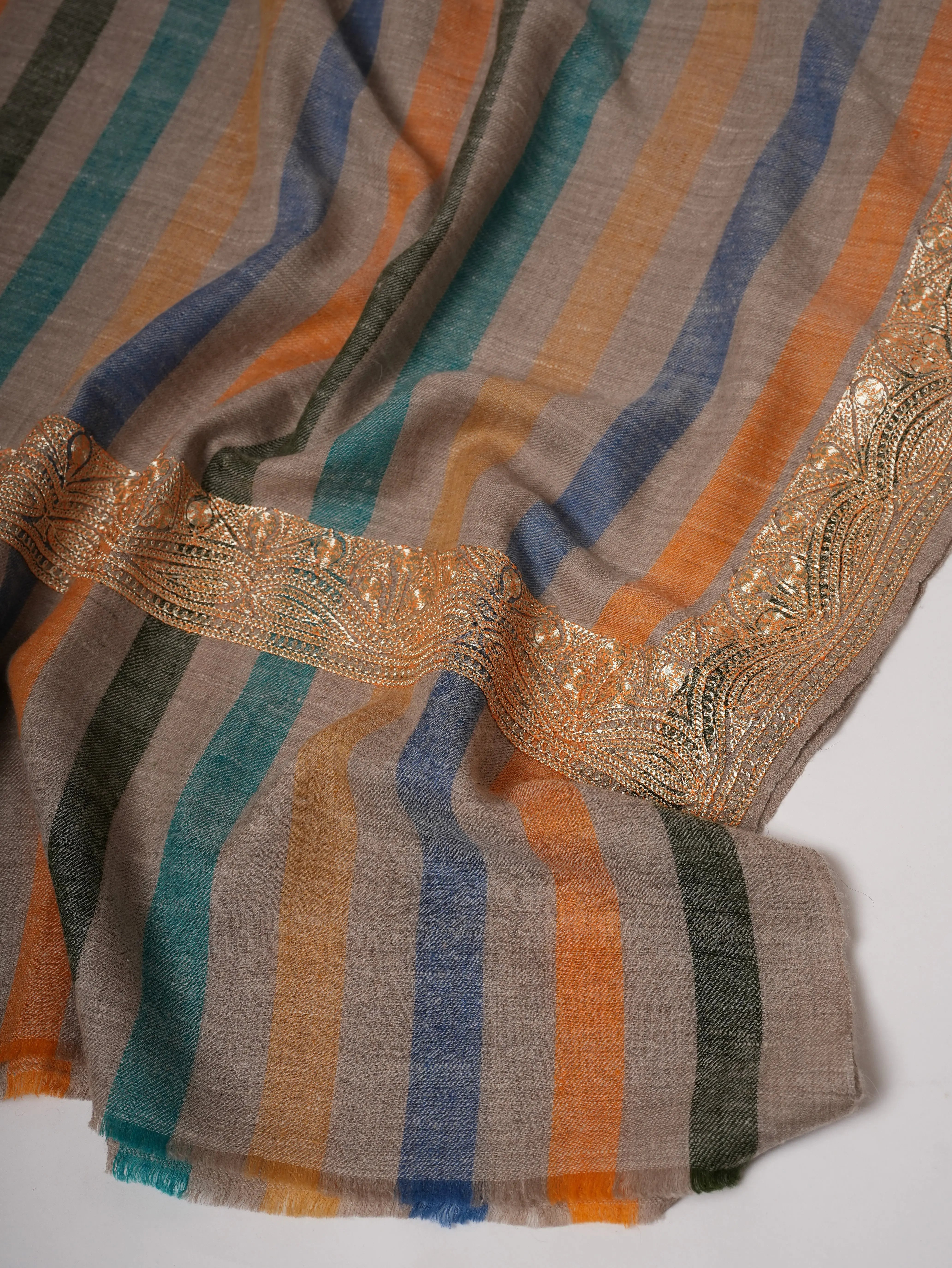 Stripe Pashmina Shawl with Gold Tilla Daurdar Embroidery Shahkaar